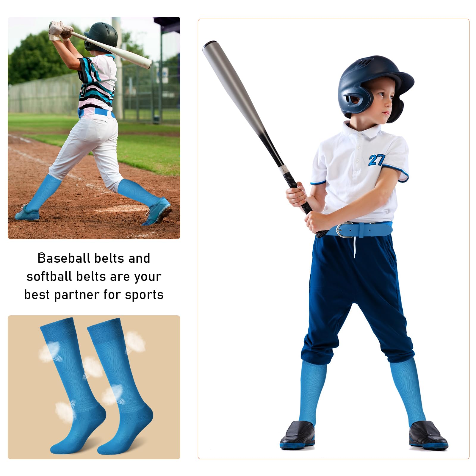 Zhanmai Adjustable Baseball Belt & Softball Socks Combo - Elastic Waistband for Youth Boys/Girls & Adults - Perfect for Baseball Games, Practice & Team Uniforms