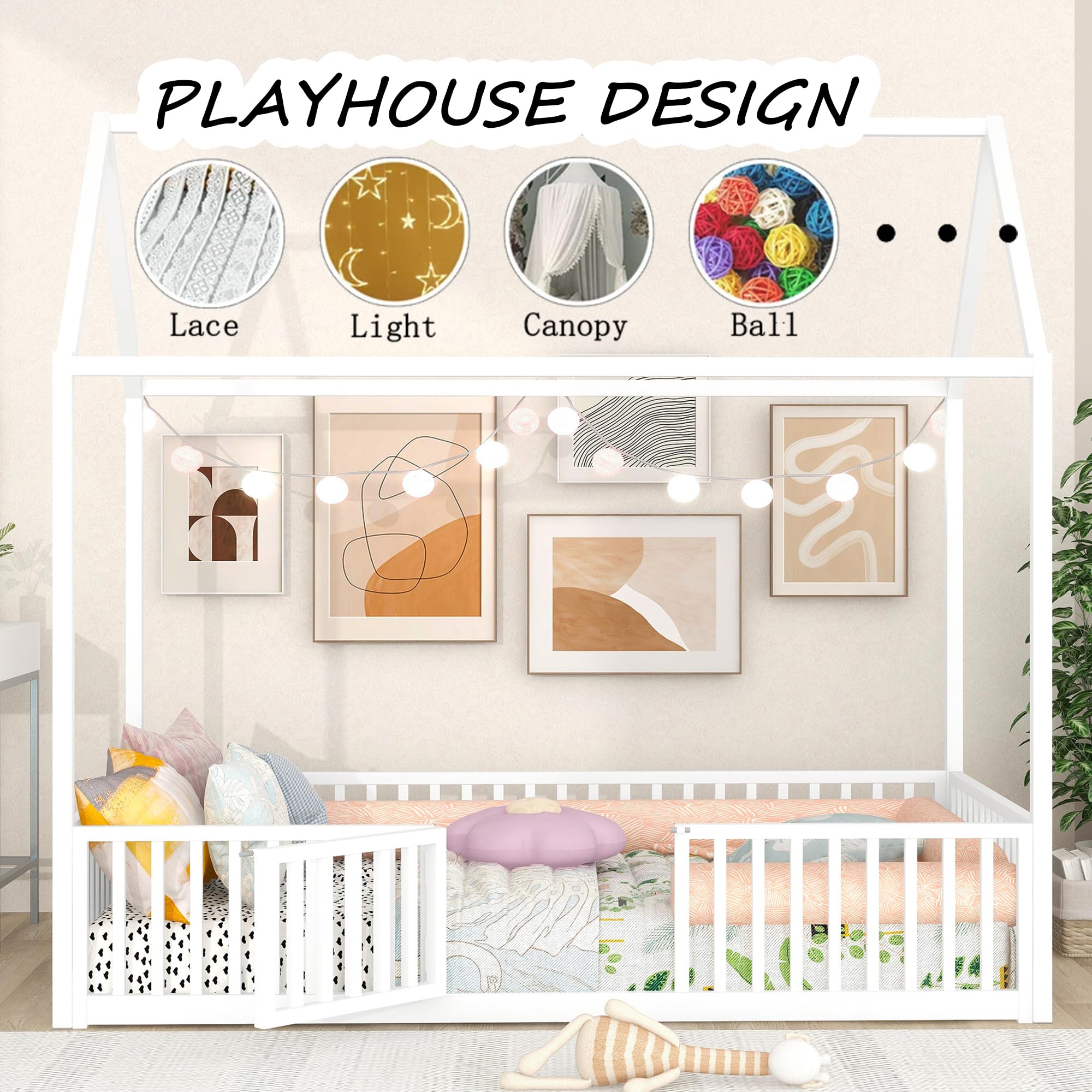 Bellemave Twin Floor Bed with Door and Fence - Montessori Kids Bed with Roof for Girls & Boys in White - Perfect for Toddler Rooms, Playrooms & Montessori Bedrooms