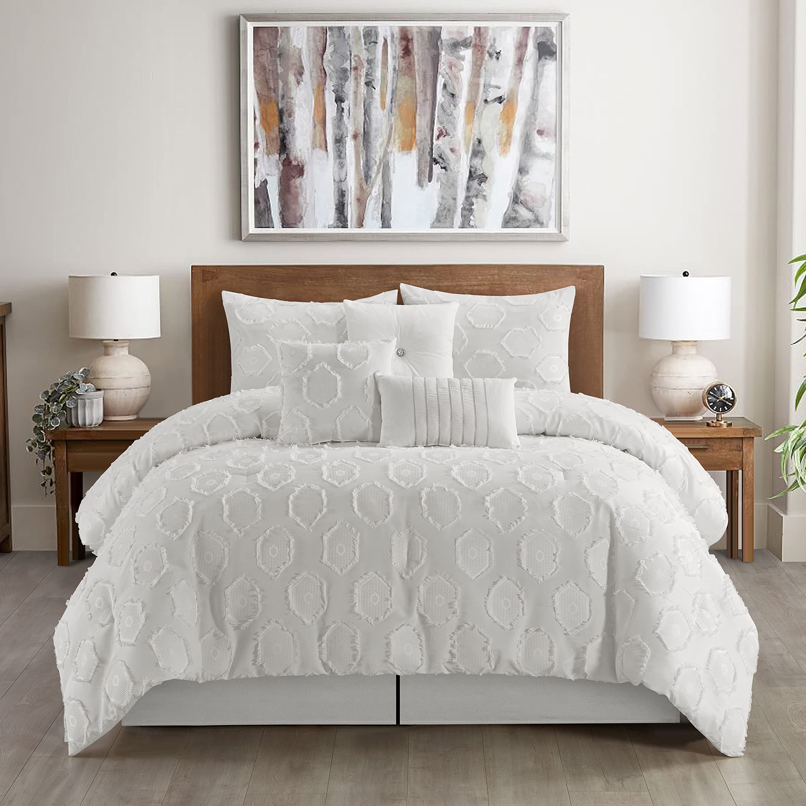 Stratford Park White Queen Size 7-Piece Bedding Set with Comforter, Bedskirt, Pillowcases & Shams | Luxury Soft Bed Sheets for Master Bedroom & Guest Room Decor