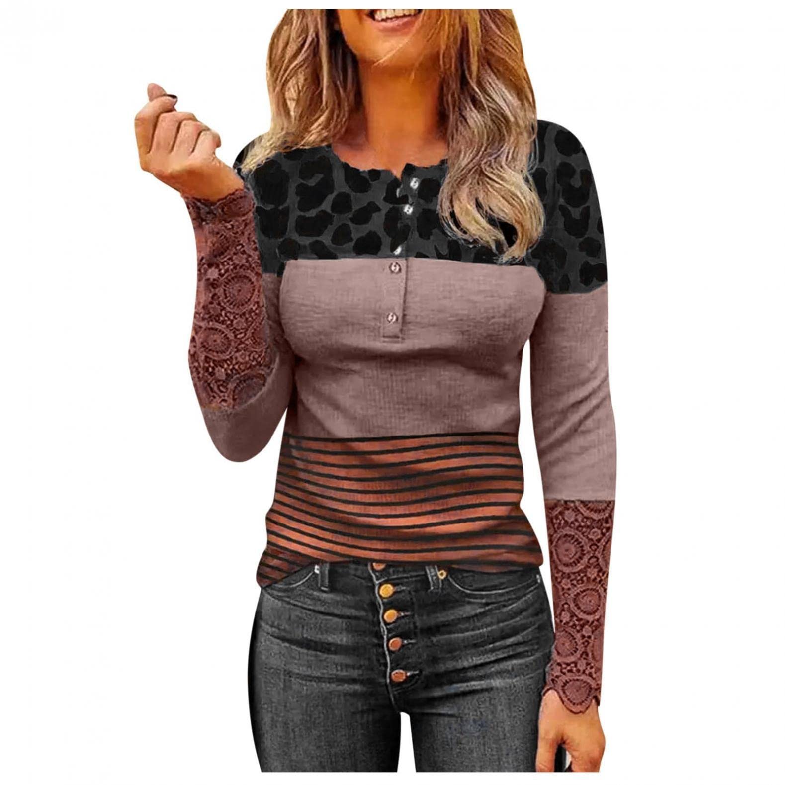 Women's Long Sleeve Rib Knit Crewneck Top with Button Lace Sleeve - Fall Casual T-Shirt with Lace Trim & Patchwork Design | Perfect for Autumn Outfits, Office Wear & Weekend Casual
