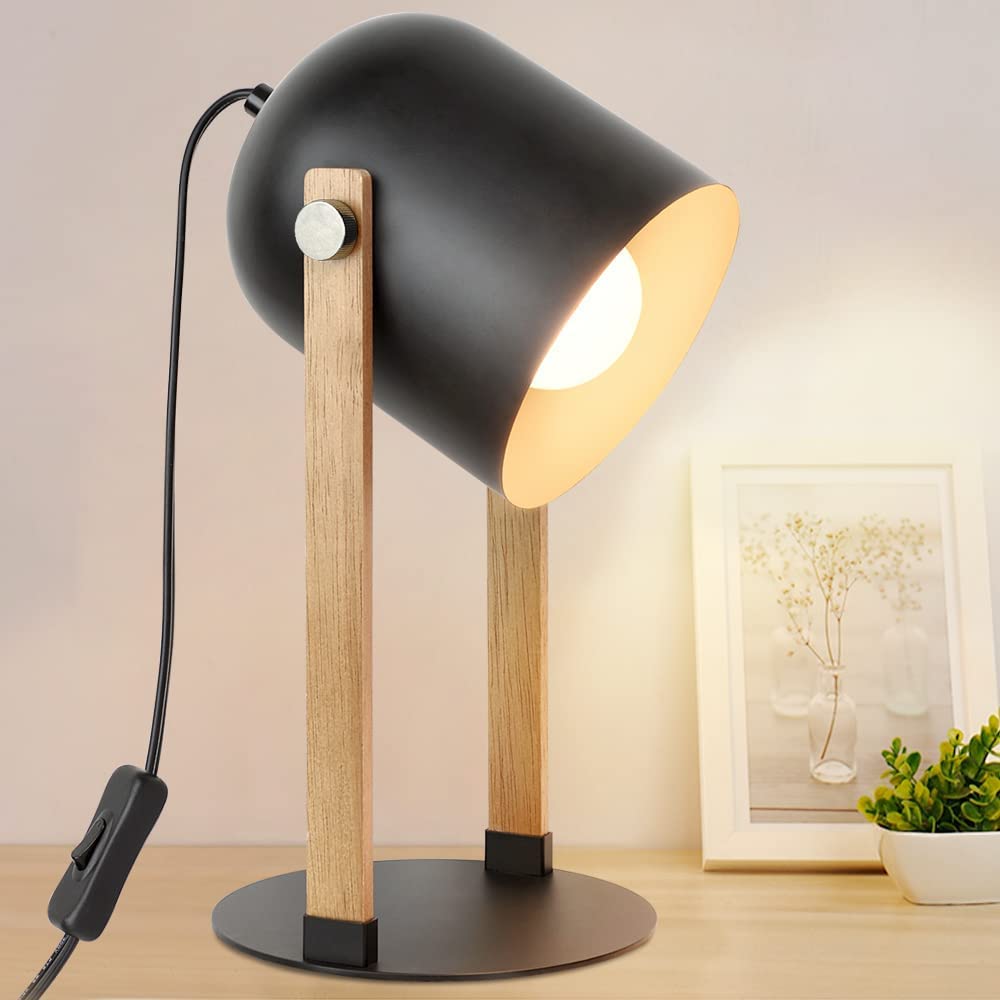 Depuley Modern Table Lamp - 360° Rotatable Retro Desk Lamp with Wood & Metal, Eye Protection LED Reading Lamp for Bedroom, Kids Room, Plant Care, Study & Office Use