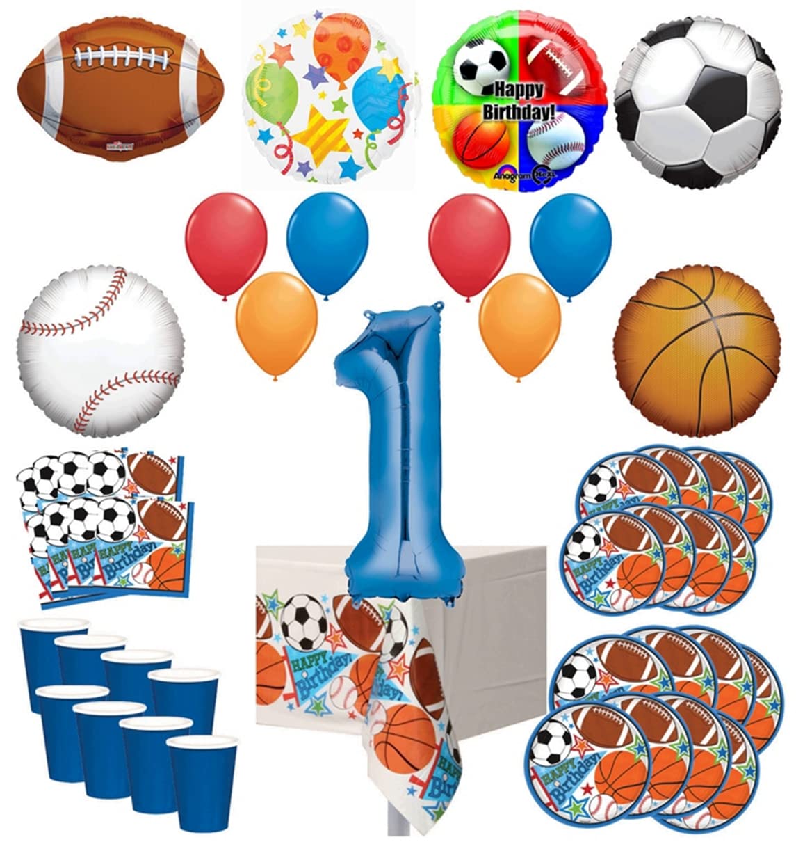 Sports Theme 1st Birthday Party Decorations Kit - Includes Balloon Bouquet, Number 1 Centerpiece & 8 Guest Entertainment Supplies (Blue) | Perfect for Baby Boy's First Birthday Celebrations & Milestone Photos