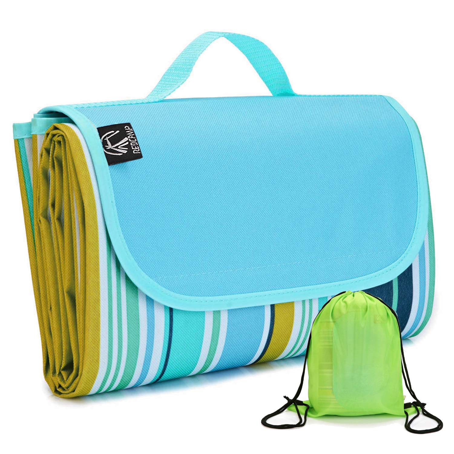 REDCAMP Extra Large Waterproof Picnic Blanket - Sandproof Durable Oxford Fabric, Foldable Outdoor Mat for Beach, Park, Camping & Travel - Portable with Carry Bag (Blue, Green, Yellow) - Perfect for Family Outings, Picnics, Concerts and Beach Days