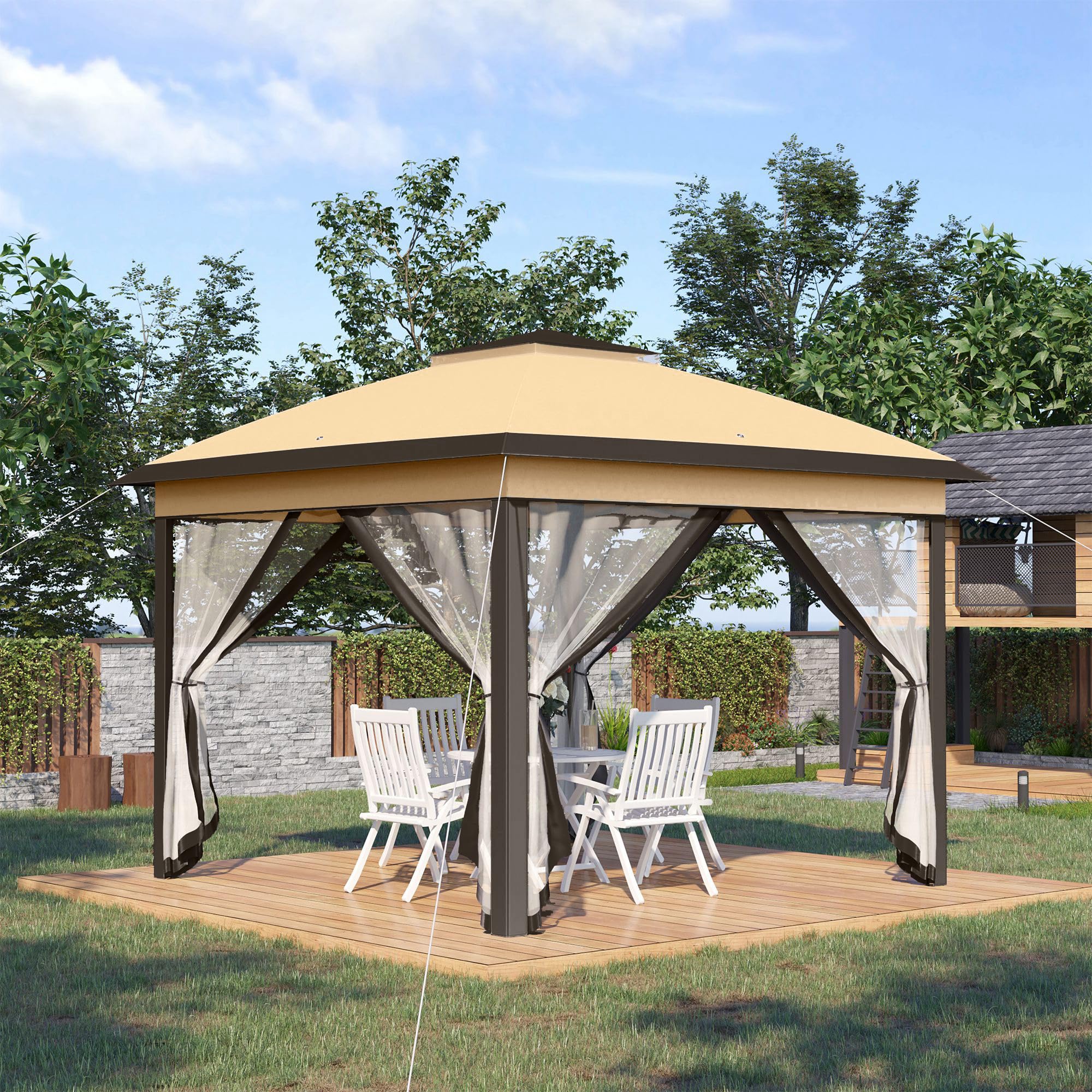 Outsunny 11' x 11' Pop Up Canopy Tent with Netting & Carry Bag - Instant Gazebo Sun Shelter for Outdoor Parties, Camping, Beach, Backyard - 121 Sq Ft Shade, Beige
