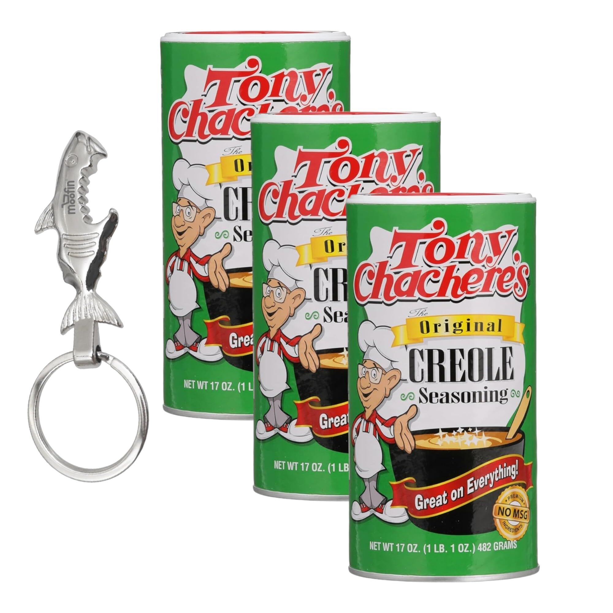 Tony Chachere's Original Creole Seasoning, 17 Oz (Pack of 3) – Authentic Creole Spice Blend with Free Silver Bottle Opener Keychain | Perfect for Gumbo, Jambalaya, Grilling & Everyday Cooking | All-Purpose Cajun Seasoning for Meat, Seafood & Vegetables
