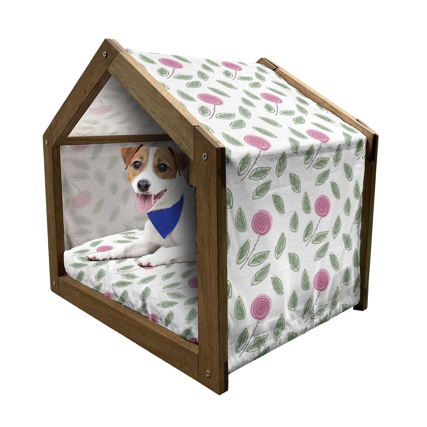 Ambesonne Rose Wooden Pet House - Modern Pink Rose Blossom Pattern with Spiral Designs & Green Leaves | Indoor & Outdoor Portable Dog Kennel with Pillow & Cover | Medium Size in Pink, Reseda Green & White | Perfect for Small to Medium Dogs in Home, Garden or Travel