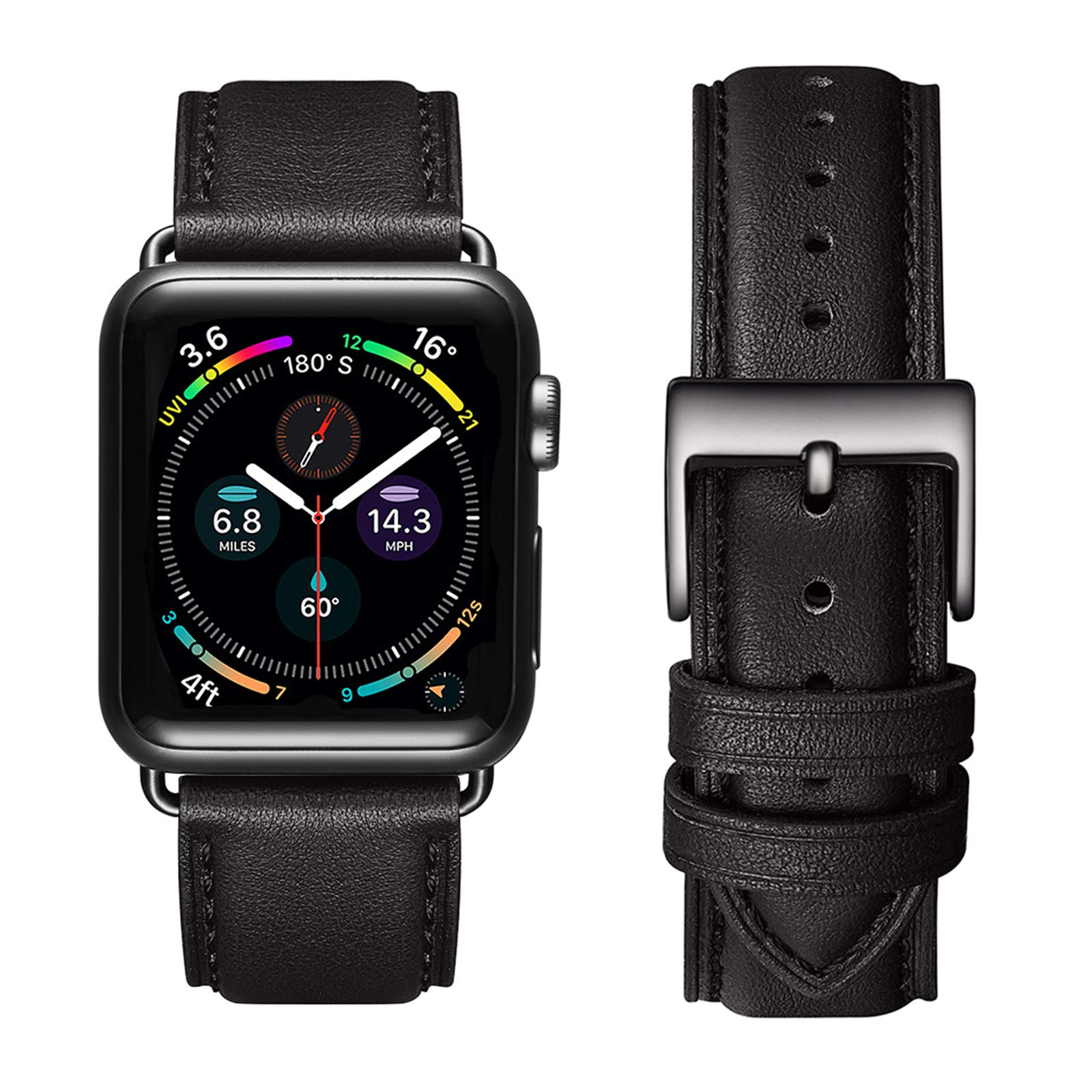 OMIU Genuine Leather Apple Watch Band - Compatible with 38mm 40mm 41mm 42mm 44mm 45mm 49mm iWatch SE Series 8/7/6/5/4/3/2/1 - Premium Replacement Strap for Women & Men (Black) - Perfect for Workouts, Office & Everyday Wear