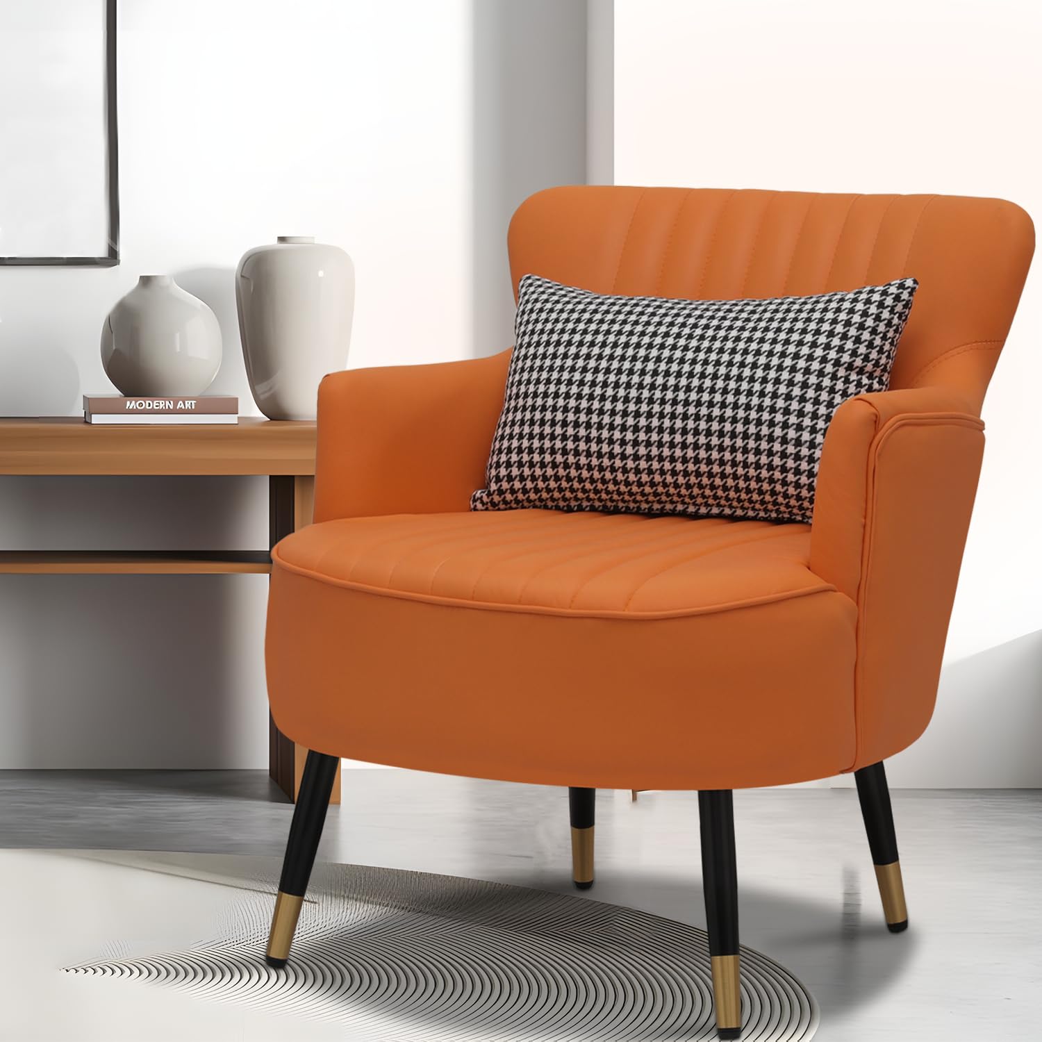 Magshion Modern Accent Chair with Lumbar Support Pillow - Upholstered Armchair with Sturdy Metal Legs, 550lbs Weight Capacity - Comfortable Club Chair for Living Room, Bedroom & Office - Orange Velvet Fabric - Perfect for Reading Nook, Home Theater Seating & Small Space Decor