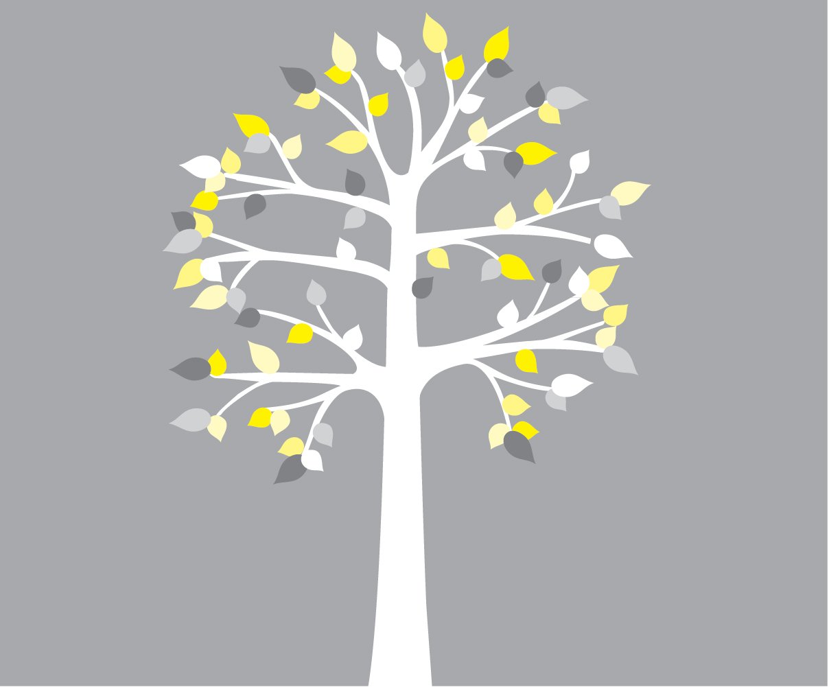 Kids Room Wall Decals - White Shelf Tree Wall Sticker with Yellow Gray Fabric Design | Perfect for Nursery, Bedroom Decor & Playroom Wall Art