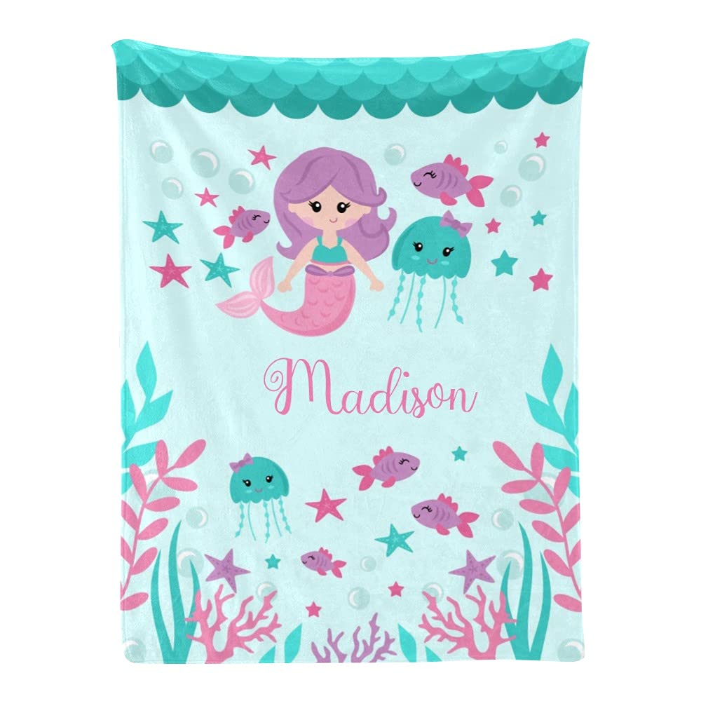 Personalized Baby Blanket - Custom Mermaid Design 30x40 Inch Soft Swaddling Blanket for Boys & Girls - Perfect for Nursery, Baby Shower & Birthday Gifts - Cute Underwater Theme with Name Embroidery