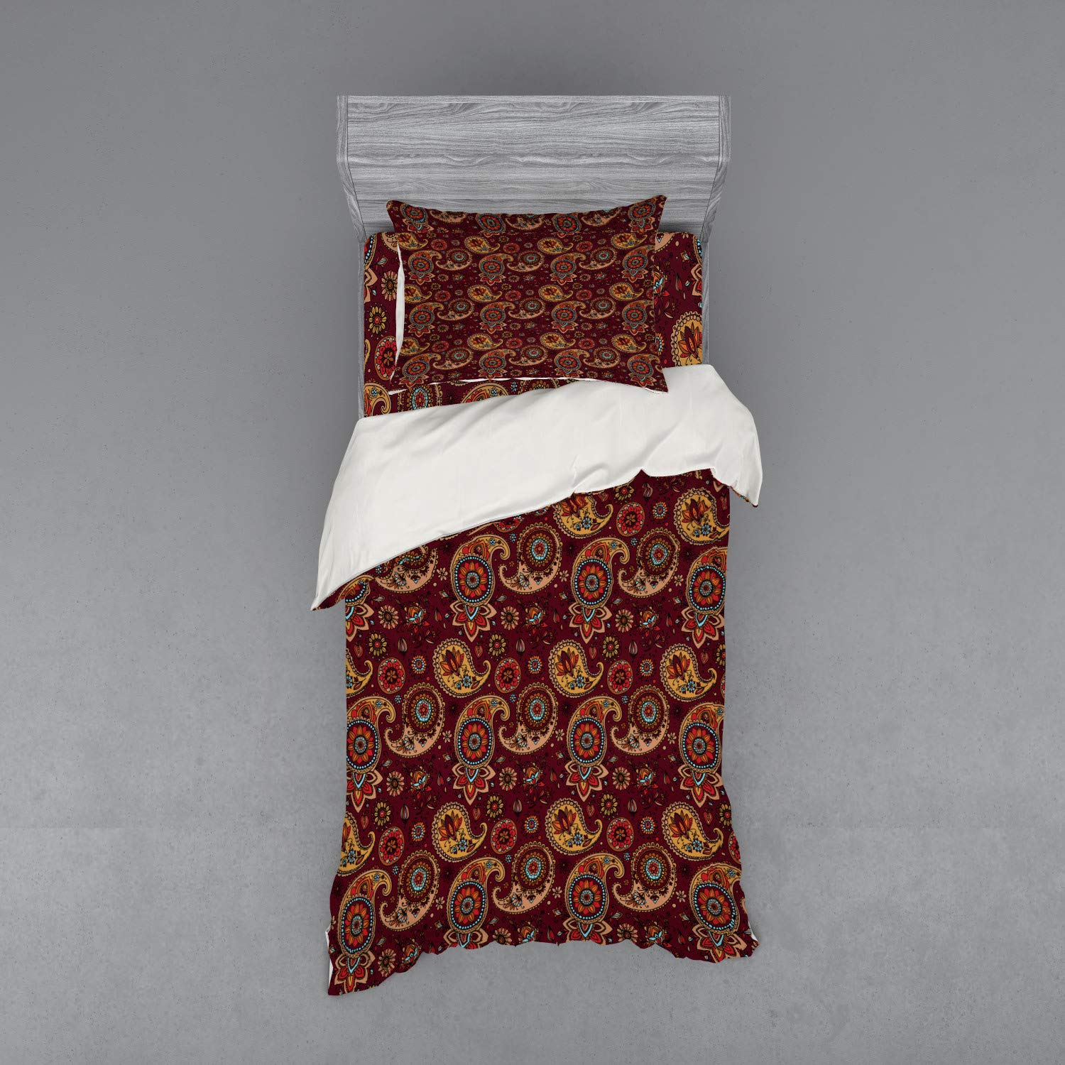 Ambesonne Paisley Duvet Cover Set - Bohemian Tribal Art Print 3-Piece Bedding Set with Sham & Fitted Sheet, Twin Size in Burgundy & Dark Mustard | Perfect for Boho Chic Bedroom Decor & Guest Room Styling
