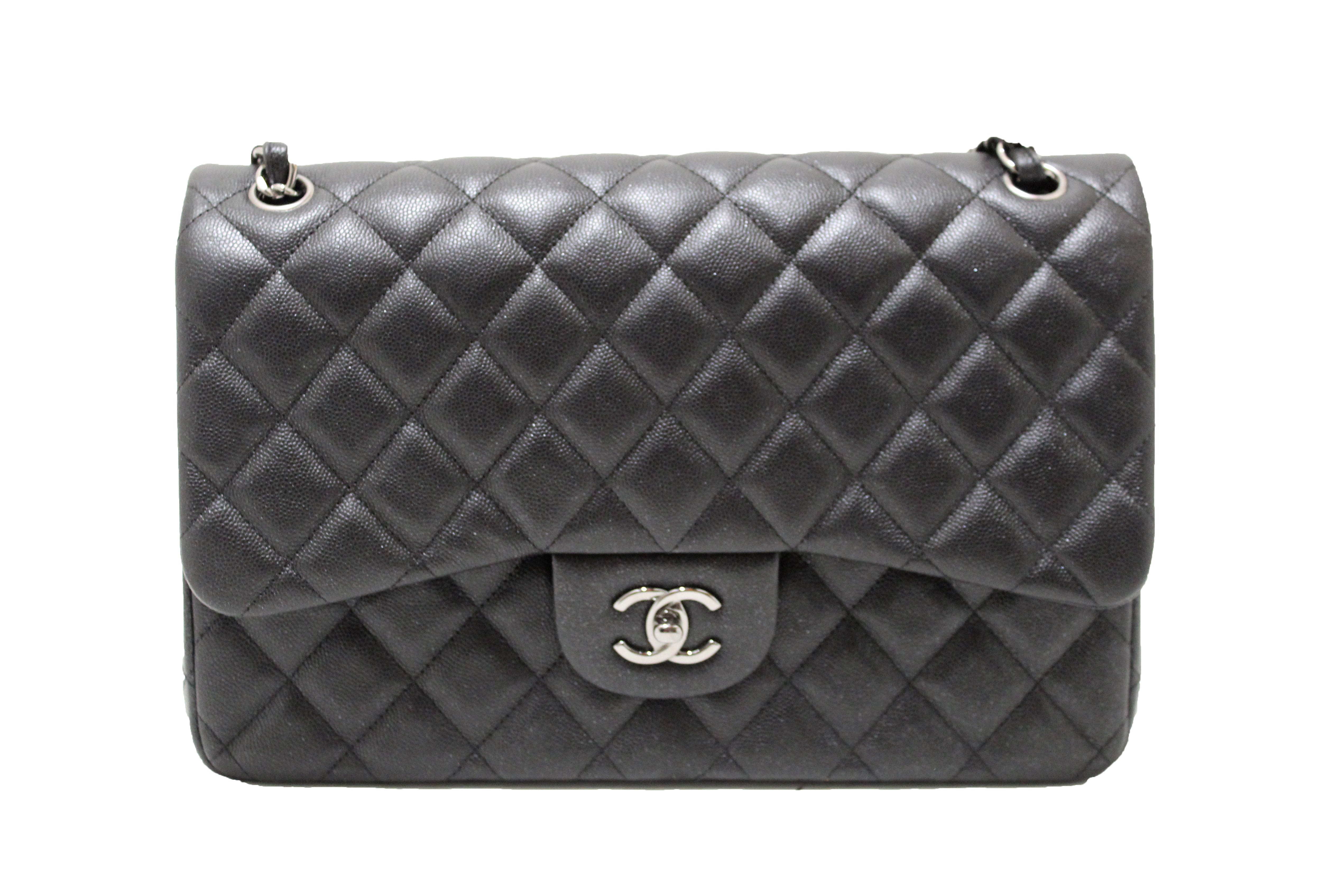 Authentic Chanel Black Iridescent Quilted Caviar Leather Classic Jumbo Double Flap Bag - Luxury Designer Handbag for Women, Perfect for Evening Events, Parties & Special Occasions