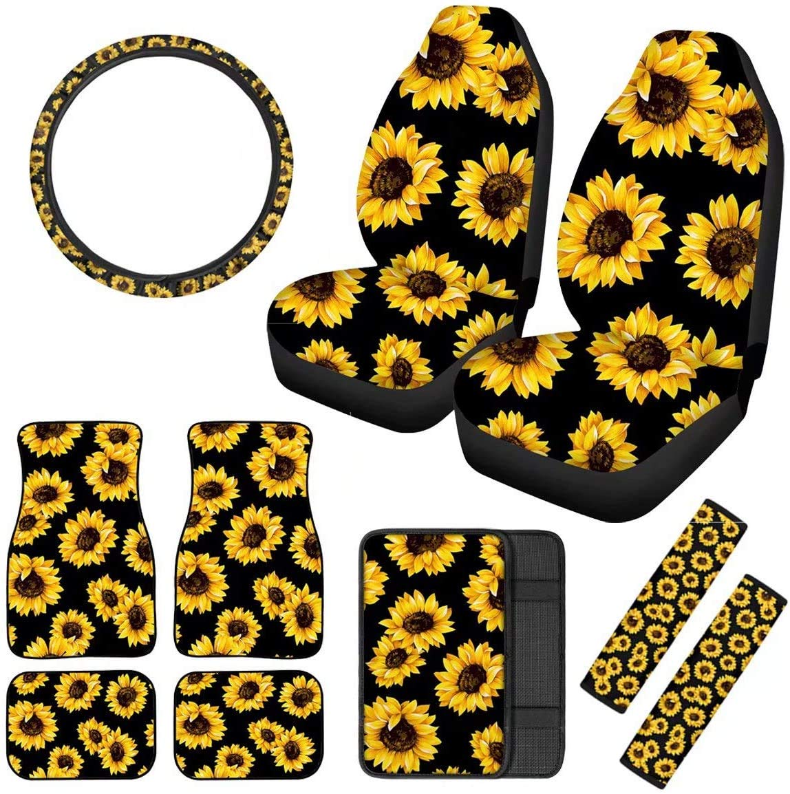 10PCS Sunflower Car Interior Decor Set - 2 Seat Covers, 4 Floor Mats, Steering Wheel Cover, Seat Belt Covers & Armrest Cover | Universal Fit for Most Cars | Perfect for Summer Road Trips & Boho Style Car Makeover