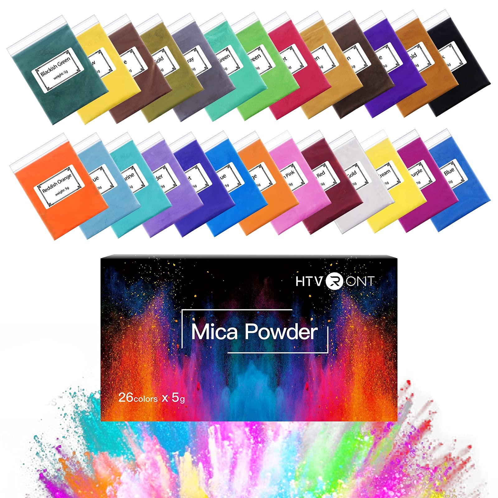 HTVRONT Mica Powder for Epoxy Resin - 26 Vibrant Colors (130g) - Shimmery Pigment Powder for Soap Making, Lip Gloss, Bath Bombs - Easy to Mix & Natural Ingredients - Perfect for DIY Crafts, Nail Art, Candle Making & Slime Projects