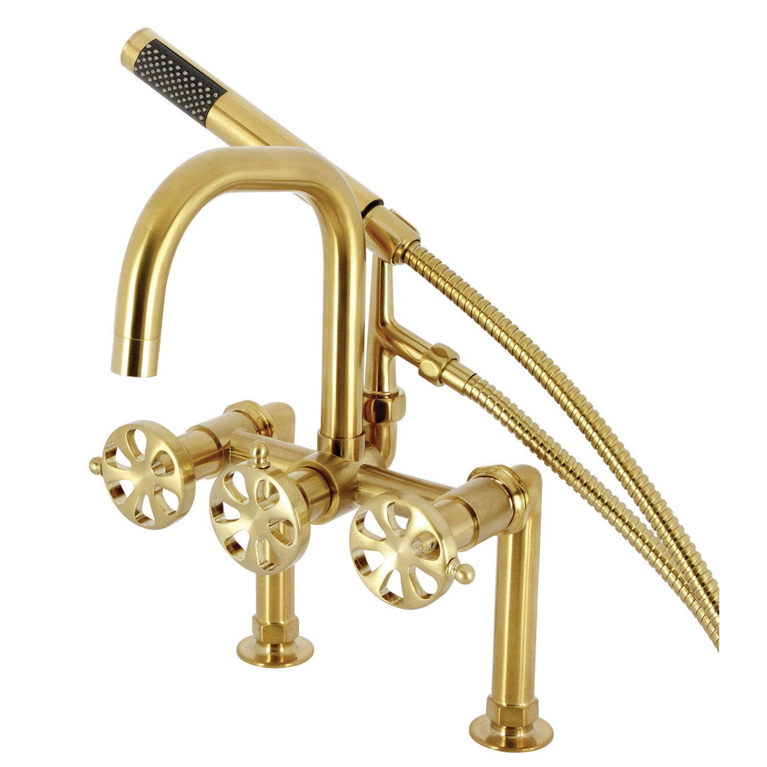 Belknap AE8407RX 3-Handle 2-Hole Deck Mount Clawfoot Bathtub Faucet with Hand Shower in Brushed Brass - Perfect for Vintage Bathroom Renovations and Freestanding Tub Installations