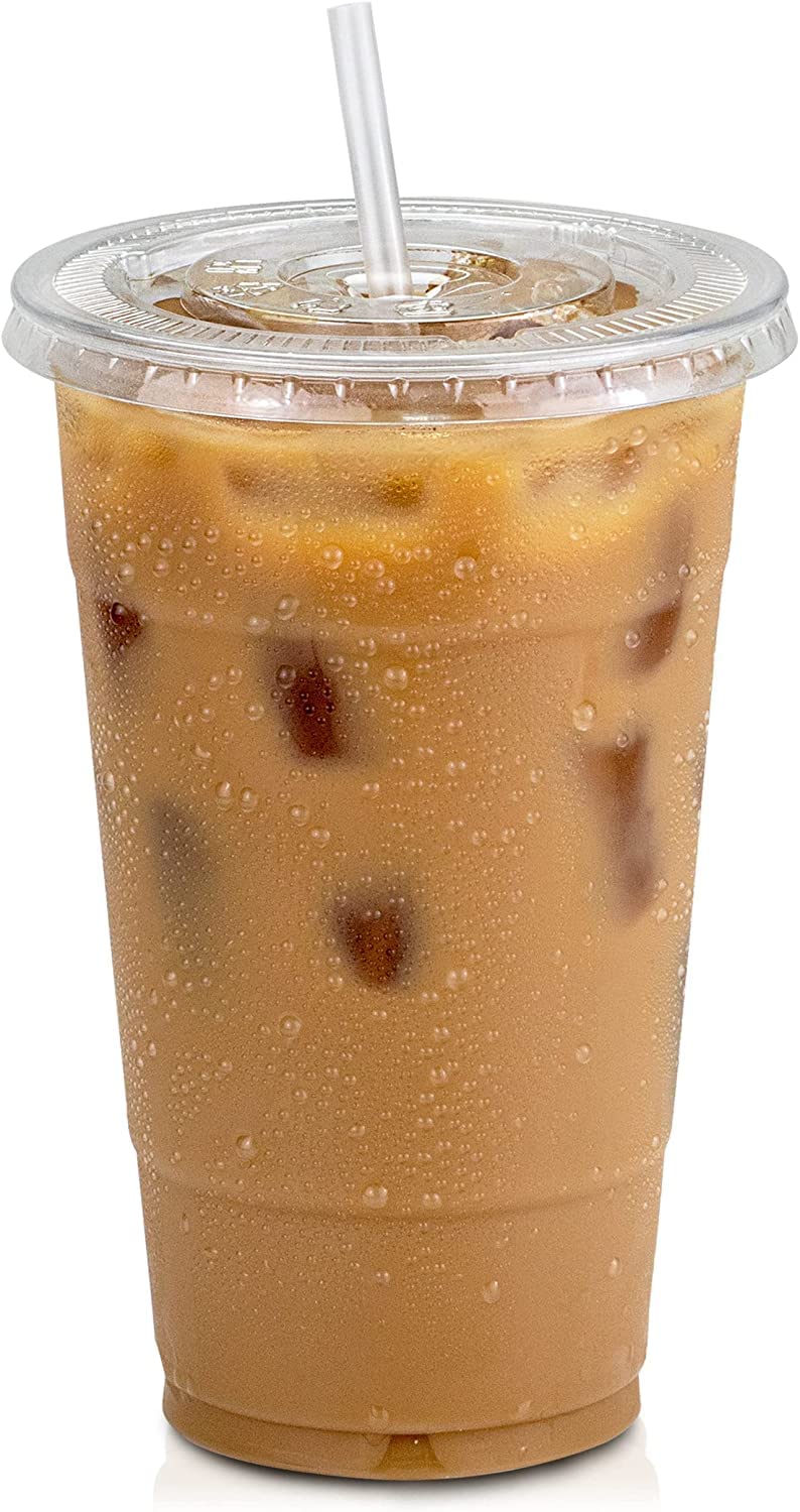 Nicole Fantini 24 oz Clear Plastic PET Cups with Flat Lids & Straws - BPA-Free, Recyclable (1000 Pack) - Perfect for Iced Coffee, Smoothies, Boba Tea, Parties, Restaurants, and Cafes