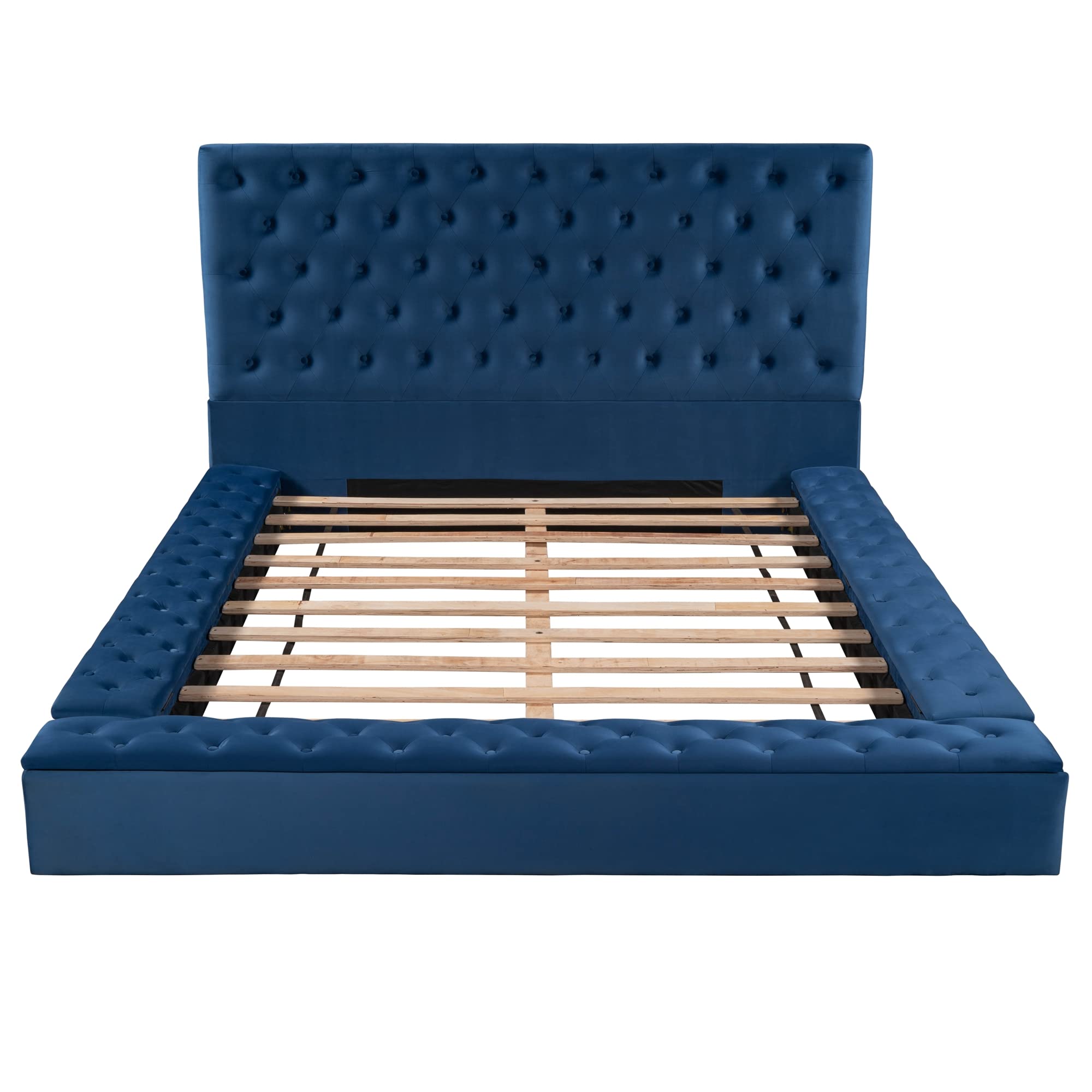 Luxury Velvet Upholstered Full Size Platform Bed with Deep Button Tufting & Side Storage - 80