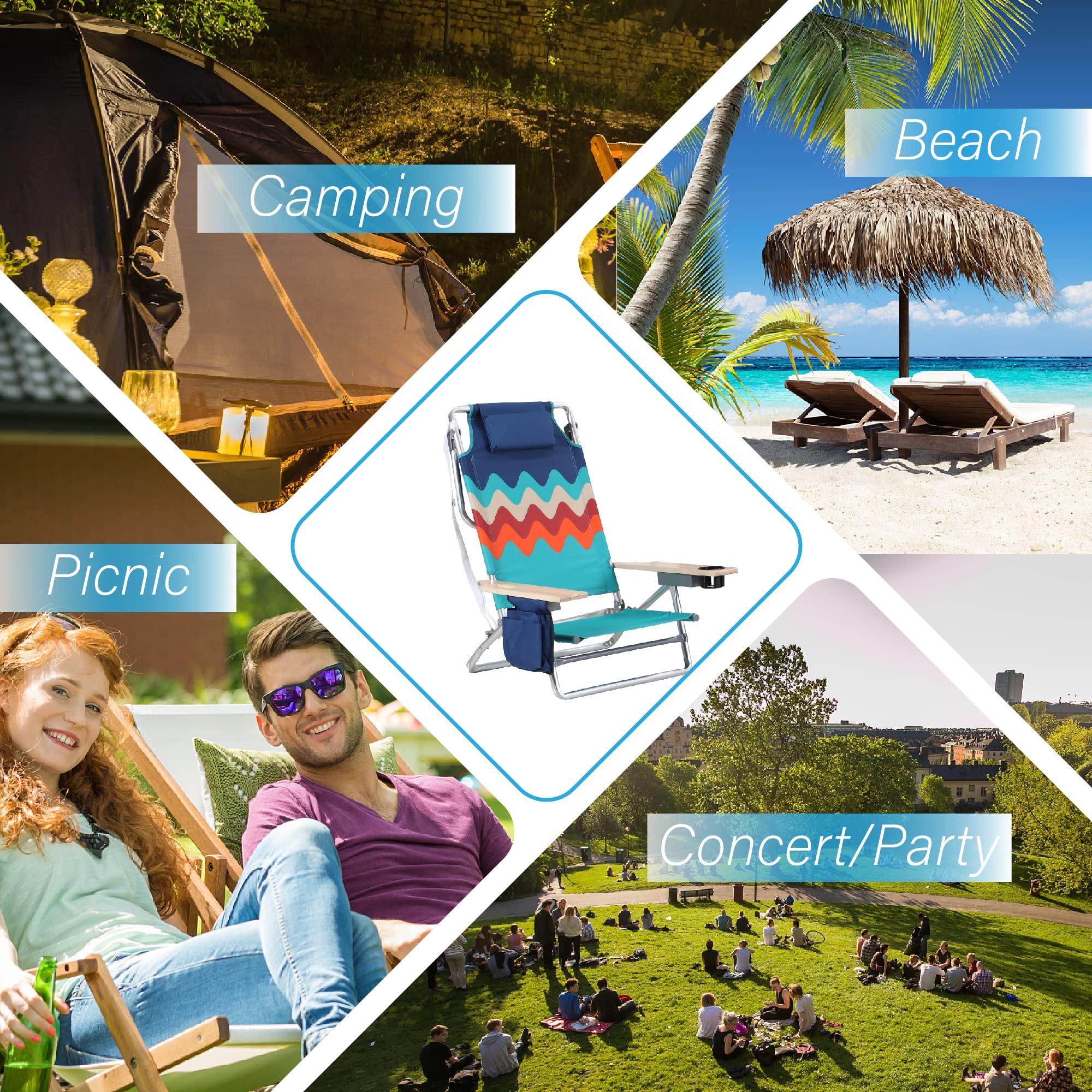 **GREEN PARTY 2 Pack Lightweight Aluminum Folding Beach Chairs with Cooler Bag & Armrest – Reclining, Supports 250LBS – Perfect for Outdoor, Camping, Picnics & Backyard Relaxation**