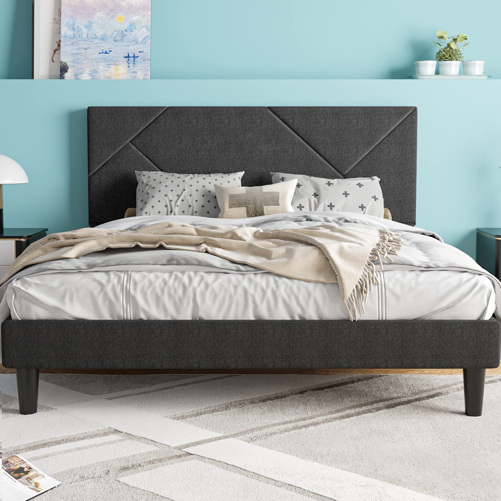 HOOMIC King Size Bed Frame with Geometric Fabric Headboard - Upholstered Platform Bed with 8