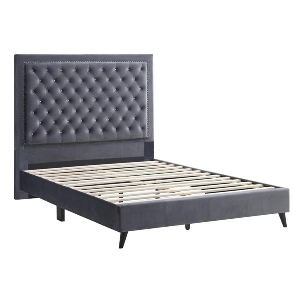Glory Furniture Alba Velvet Upholstered Queen Size Bed Frame in Gray - Luxurious Modern Bedroom Furniture for Master Suite or Guest Room