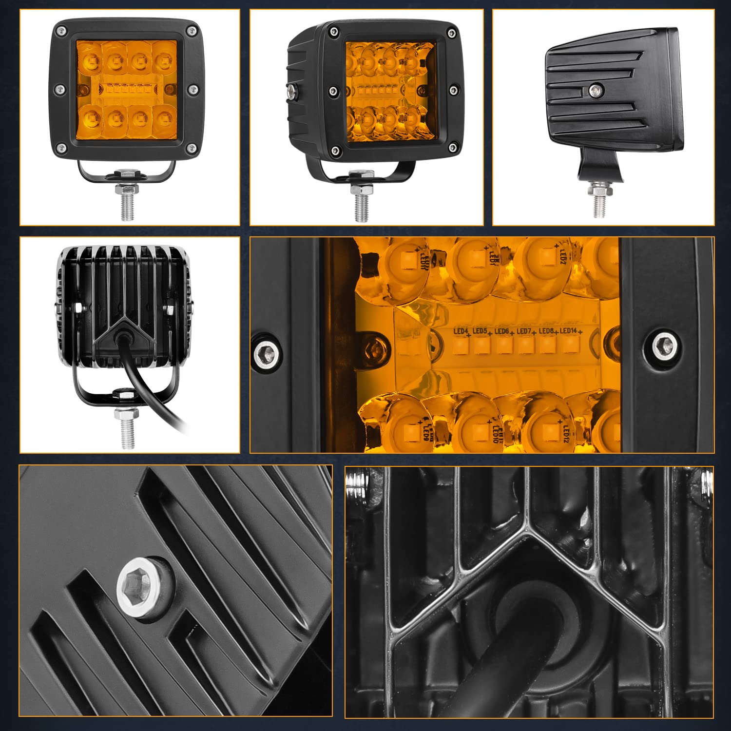 Nirider 2PCS 84W 3 Inch LED Pod Lights - Amber LED Cubes for Off-Road, Spot Flood Combo Light Bars, Fog & Work Lights for Trucks, Cars, ATV, UTV, Boats - Perfect for Night Driving, Off-Roading & Marine Use