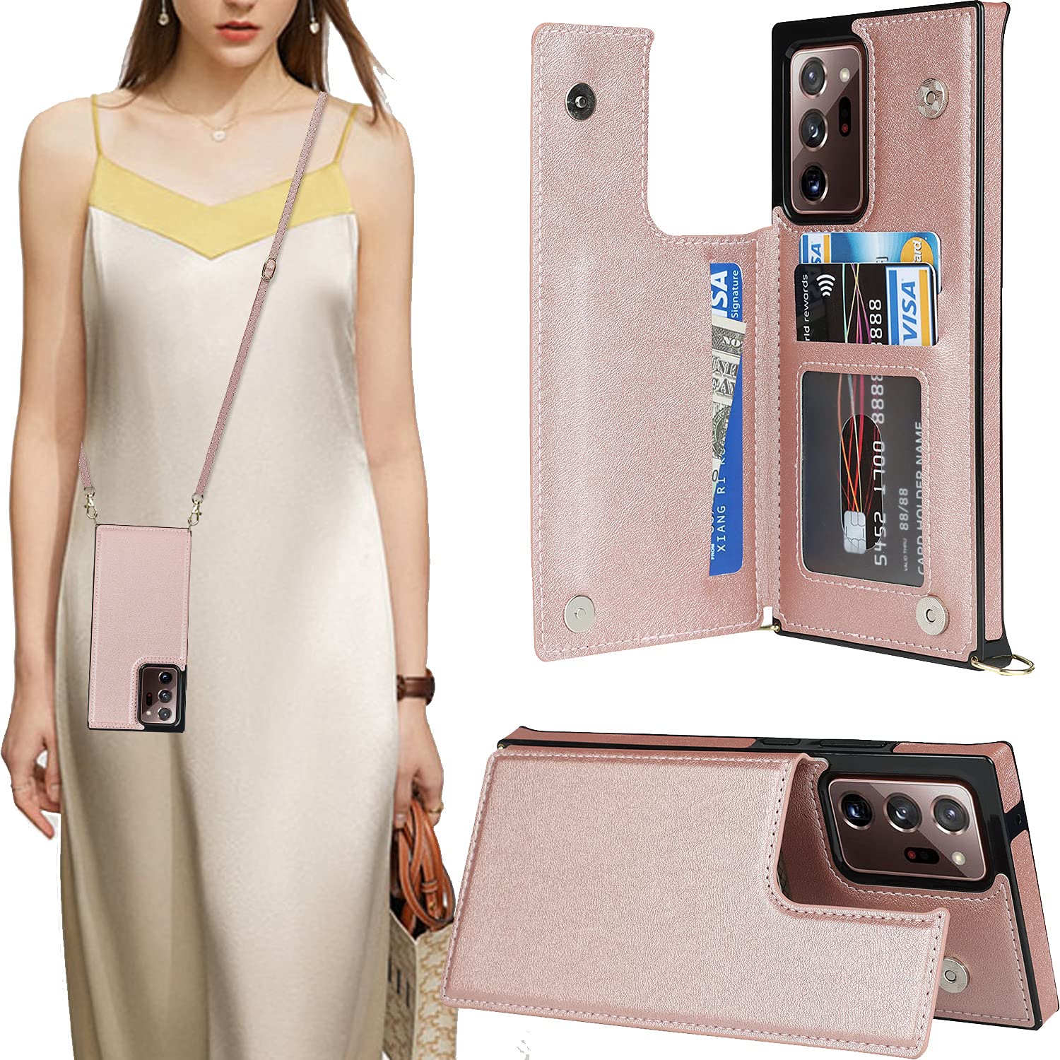 CCSmall Removable Crossbody Wallet Case for Samsung Galaxy Note 20 Ultra - Card Holder & Shockproof Purse Cover with Detachable Strap (Rose Gold) | Perfect for Travel, Shopping & Everyday Use