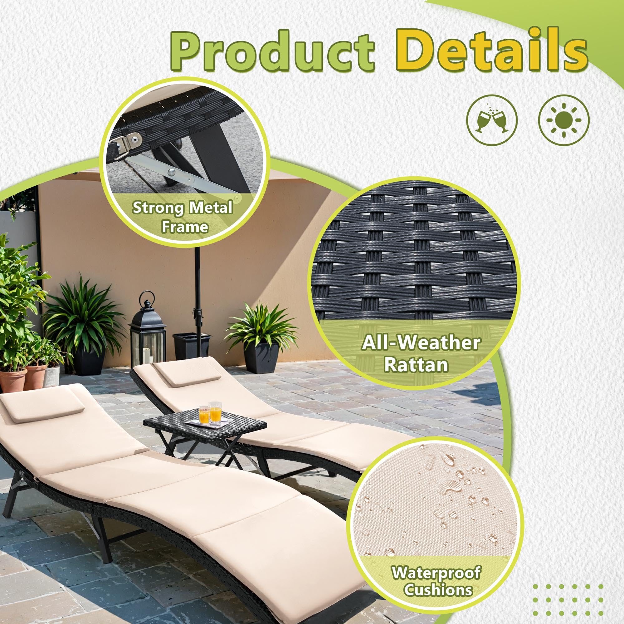 Flamaker 3-Piece Outdoor Chaise Lounge Set with Cushions - Modern PE Wicker Rattan Patio Furniture, Folding Chaise Loungers with Backrest & Side Table - Perfect for Poolside, Backyard, Garden Relaxation (Beige)