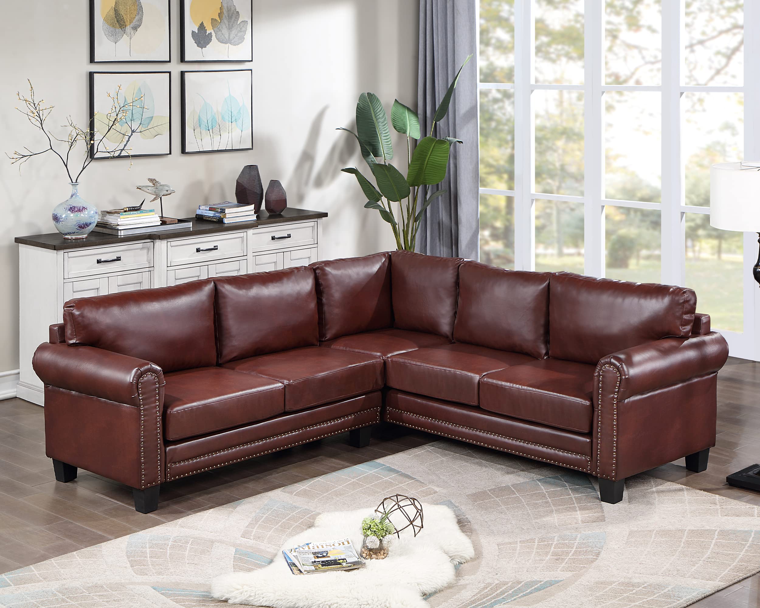 Modern L-Shaped Sectional Sofa Set with Rivet Upholstery, Scroll Arms & Cushions - Brown PU Leather Living Room Furniture for Large Spaces, Apartments & Dorms | Perfect for Family Gatherings, Movie Nights & Lounge Relaxation