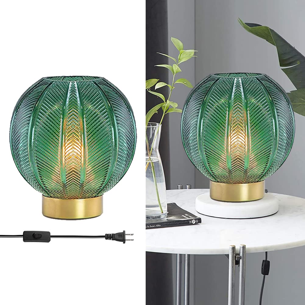Vintage Green Glass Table Lamp with Ribbed Ball Shade - Mid-Century Modern Design, Gold Metal Base, E26 Socket - Perfect for Bedroom Nightstand, Living Room, Office & Dining Room Decor (15cm/5.9