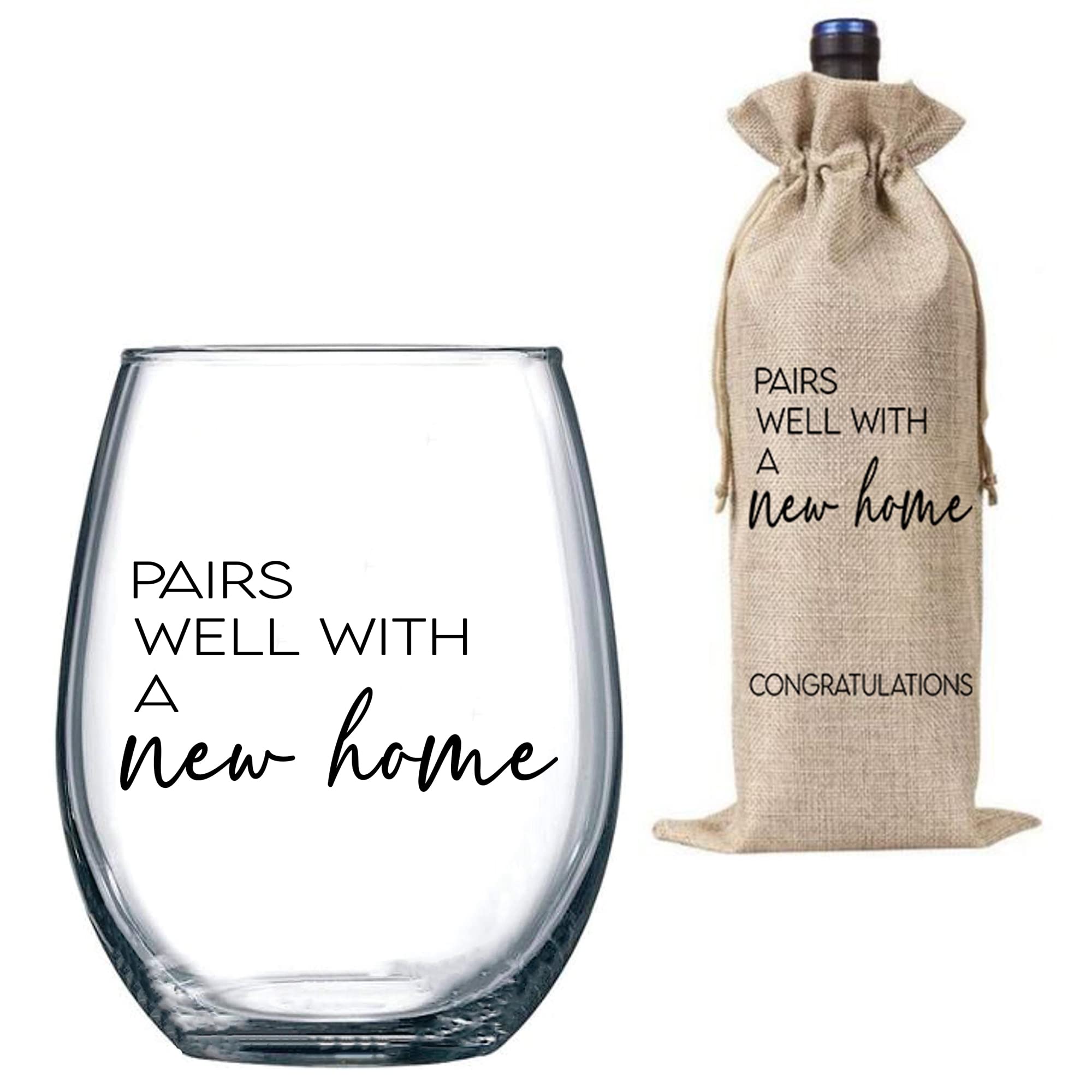 Housewarming Gift Set for New Homeowners - Elegant Stemless Wine Glass & Bottle Gift Bag - Perfect for Women, Men & Couples - Ideal for Housewarming Parties & New Home Decor (1 Glass + 1 Bag)