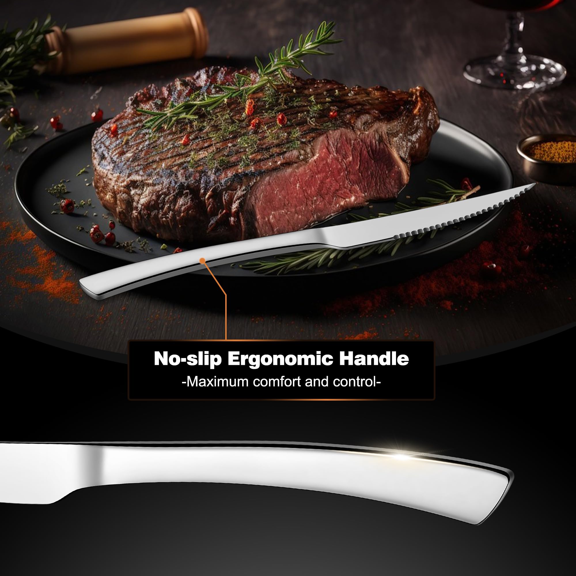 Premium Serrated Steak Knives Set of 12 - 9 Inch Stainless Steel Dinner Knives with Ergonomic Handle & Sharp Blade - Mirror Silver Finish - Dishwasher Safe - Perfect for Home Kitchen, Restaurant & Outdoor BBQ Parties