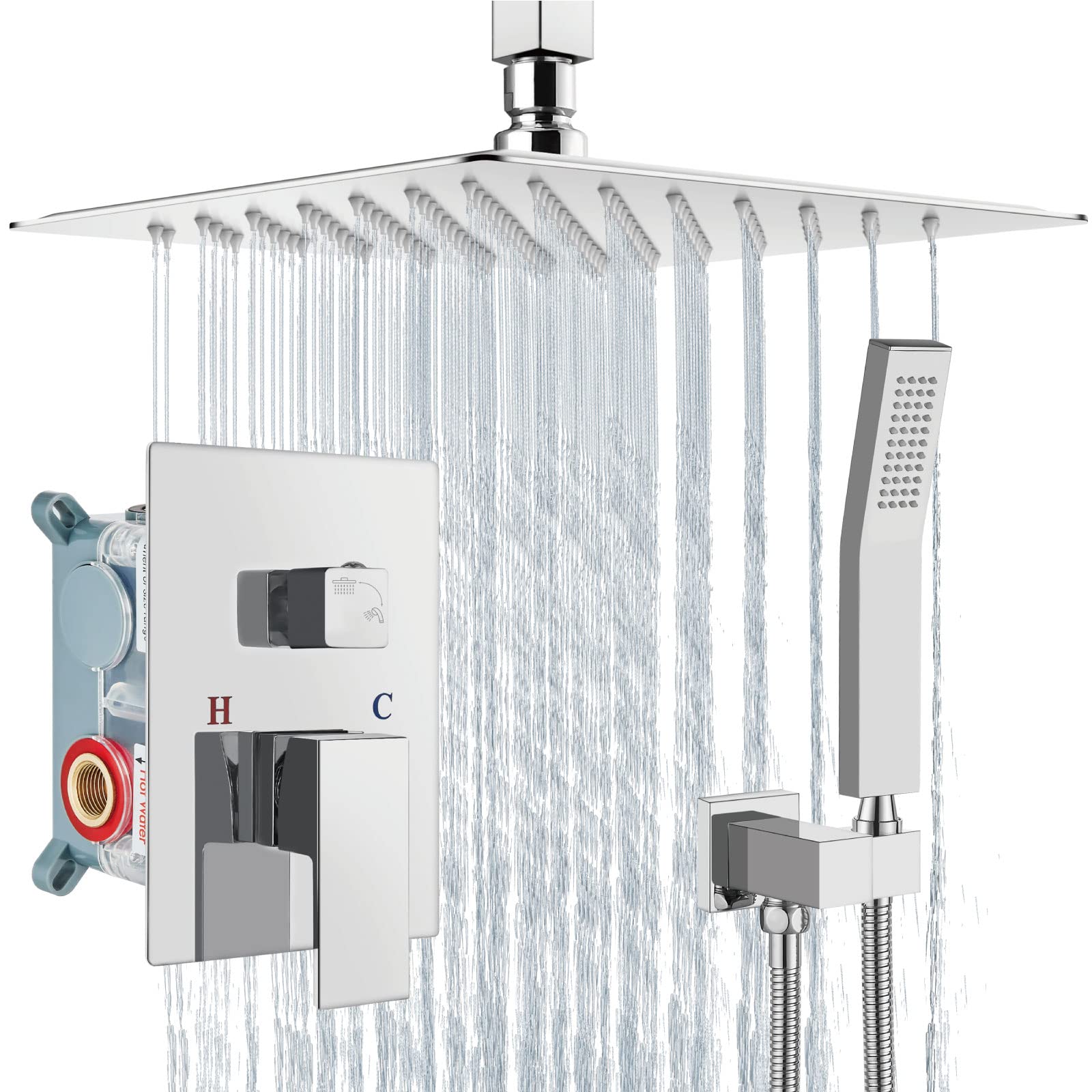 Aolemi 12 Inch Ceiling Mount Rain Shower System - High Pressure Shower Head with Handheld Spray, Polish Chrome Bathroom Faucet Set with Rough-in Valve & Trim Kit | Perfect for Modern Bathrooms, Spa-Like Shower Experience, Luxury Home Renovation