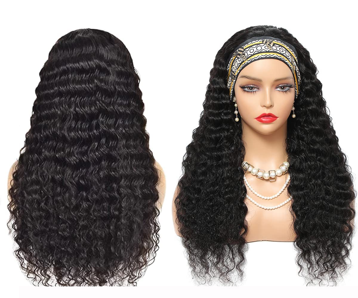 26 Inch Deep Wave Headband Wig - 100% Virgin Human Hair for Black Women | Glueless Curly Headband Wig with Natural Color | Perfect for Daily Wear, Parties & Special Occasions