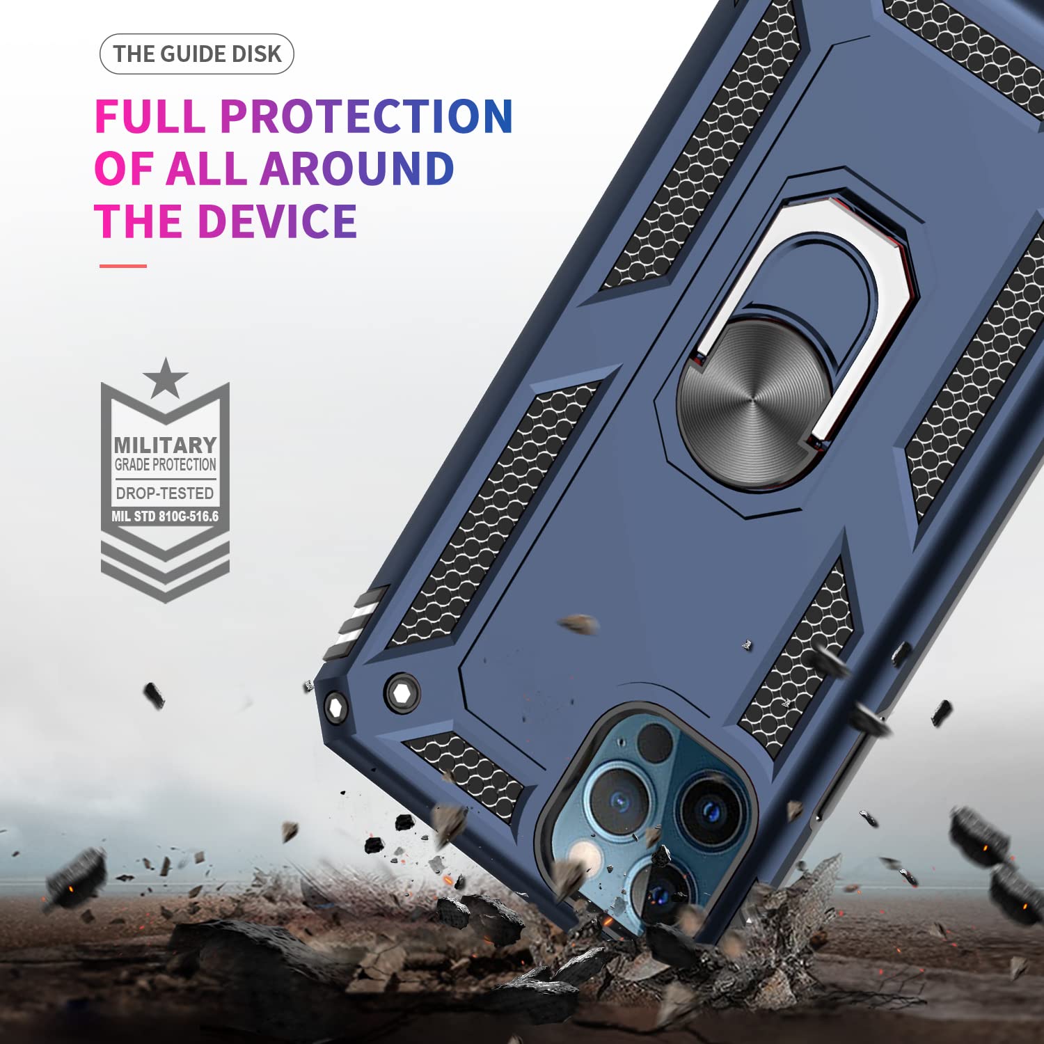 **Military-Grade Shockproof iPhone 12 Pro Max Case with Kickstand & Ring Holder - 2 Pack Tempered Glass Screen Protector & Camera Lens Protector Included - Blue - Perfect for Work, Travel & Outdoor Activities**