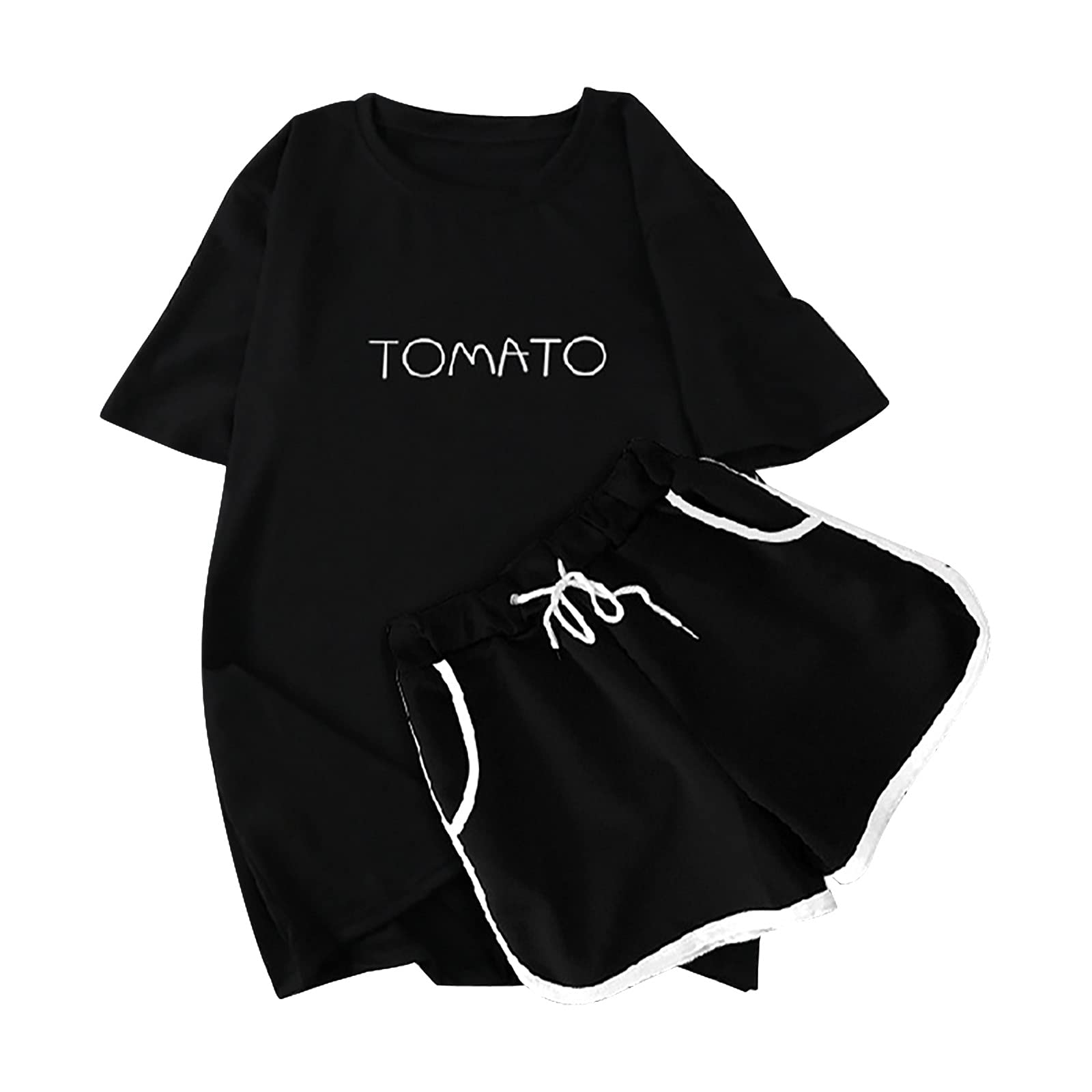 Women's Summer 2 Piece Outfit - Casual Cute Printed Crewneck Short Sleeve Top & Drawstring Shorts Set | Tracksuit for Beach, Vacation & Streetwear Fashion