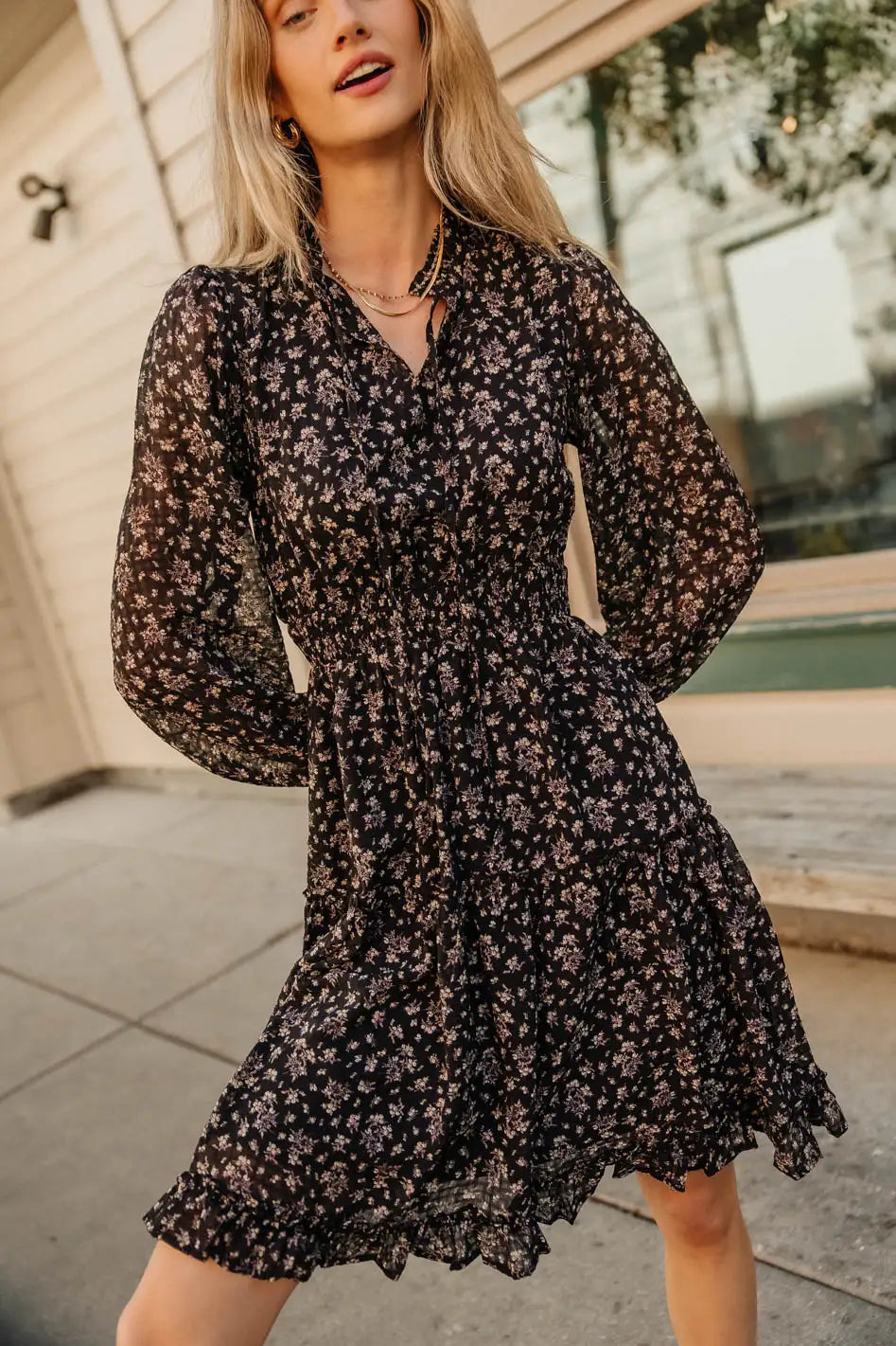 Layne Ruffled Floral Summer Dress for Women - Boho Chic Maxi Dress with V-Neck & Long Sleeves | Perfect for Beach Vacations, Date Nights & Outdoor Weddings