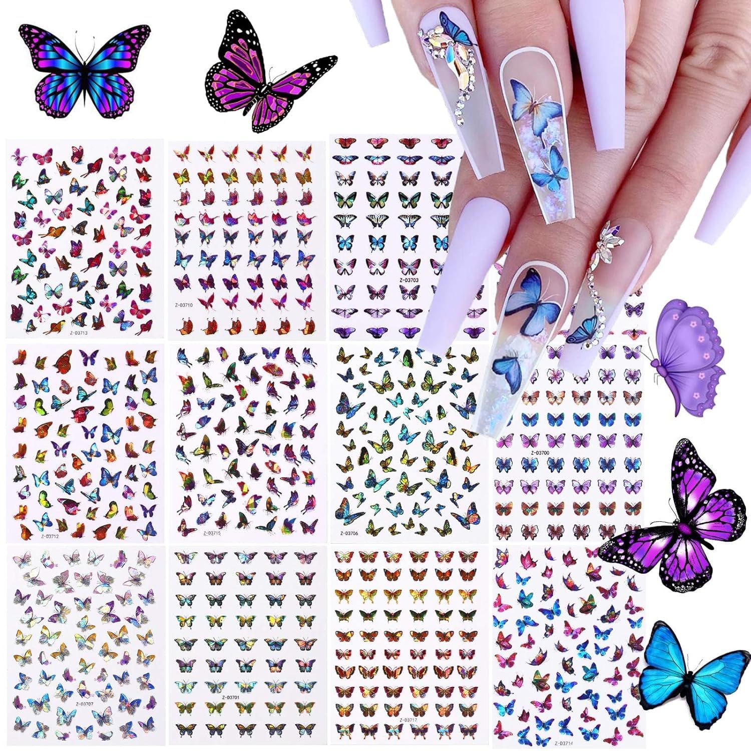3D Butterfly Nail Art Stickers - 12 Sheets Self-Adhesive Nail Decals with Colorful Laser Designs for DIY Manicure | Perfect for Spring Nails, Party Nail Art, and Special Occasion Decorations