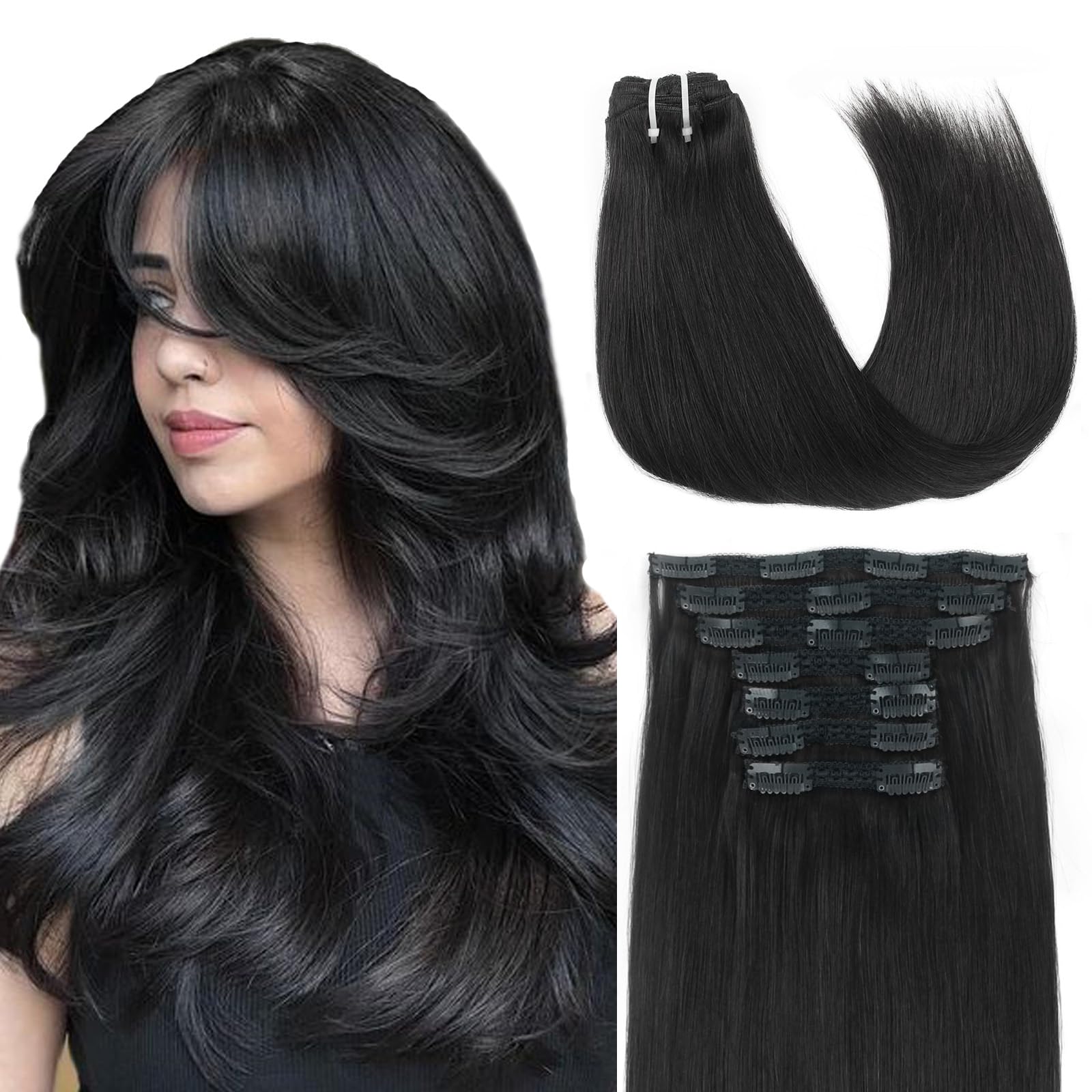 Premium 9A Grade Jet Black Virgin Human Hair Extensions - 18 Inch Clip-In 7-Piece Set (120g, 18 Clips) for Thick & Full Volume - Perfect for Styling, Parties & Everyday Glam