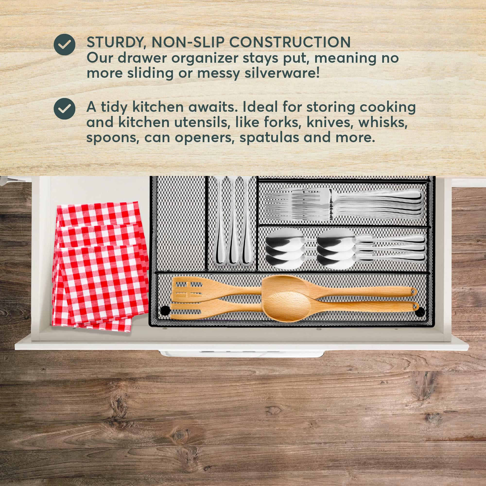 Silverware Tray Organizer for Kitchen Drawers - Mesh Flatware Storage Solution (Black) | Perfect for Cutlery, Spoons, Forks & Knives Organization