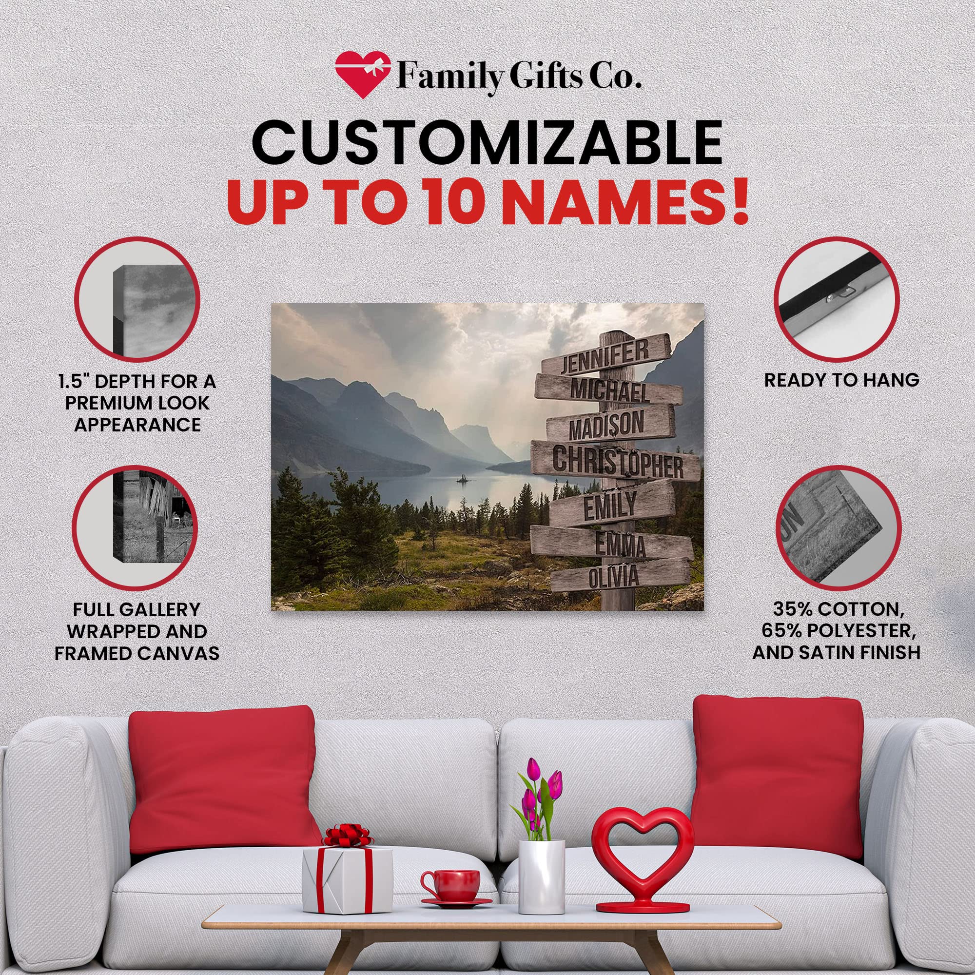 Premium Personalized Mountain Range Canvas Wall Art - Custom Multi-Name Family Gift (48x32in) - Perfect for Home Decor, Anniversary & Wedding Presents - Framed Gift for Him/Her