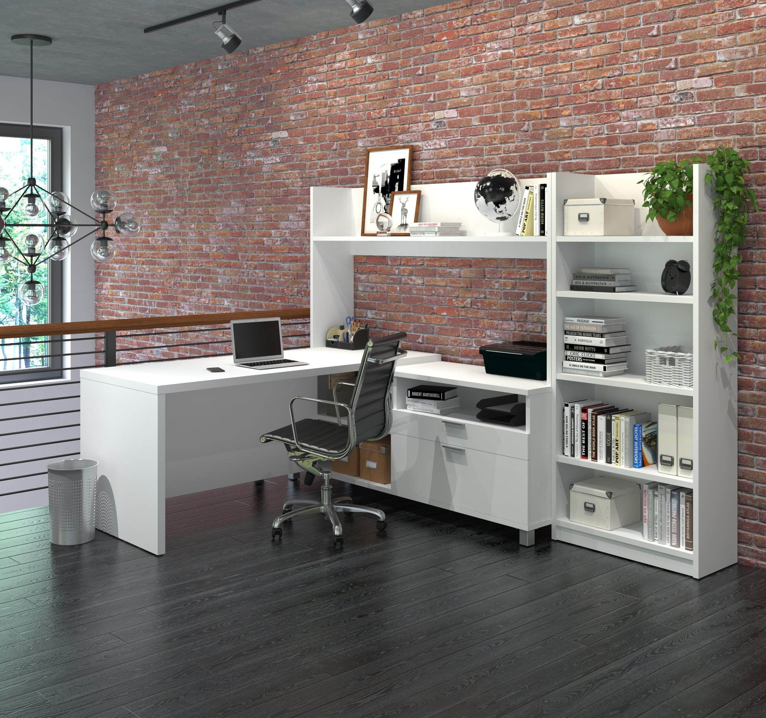 Pro Linea 2-Piece Office Furniture Set - White L-Shaped Desk with Hutch & Bookcase for Home Office, Study Room or Workspace Organization