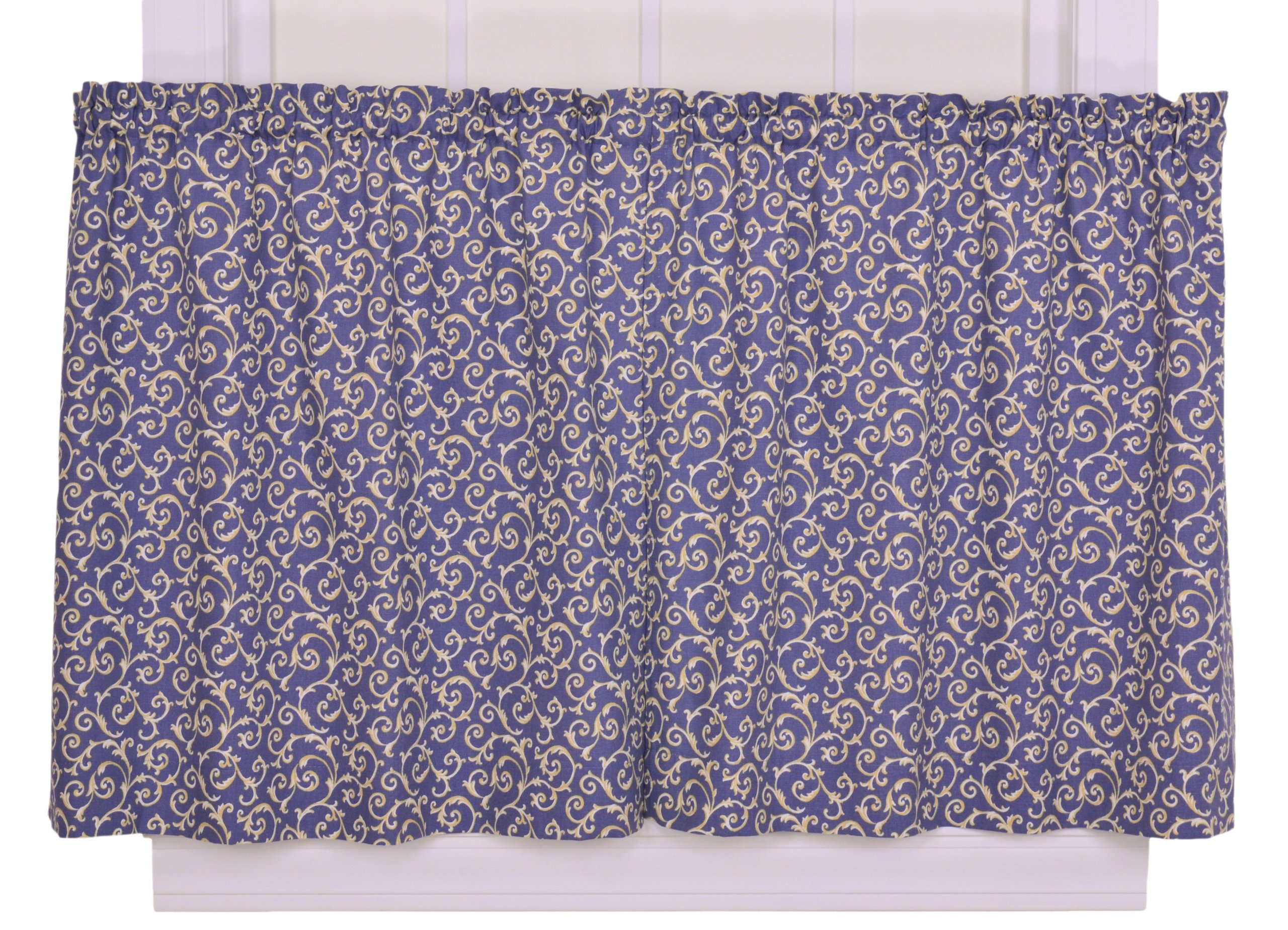 Tremblay Small Scale Scroll Tailored Tier Curtains - 68 x 24 Inches, Blue - Perfect for Kitchen Windows, French Doors & Small Spaces