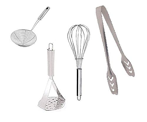 Wofier® 4-Piece Stainless Steel Kitchen Utensil Set - Potato Masher, Egg Whisk, Deep Fry Strainer & Momo Tong | Perfect for Mashing, Whisking, Frying & Serving | Ideal for Home Cooking, Restaurants & Food Prep