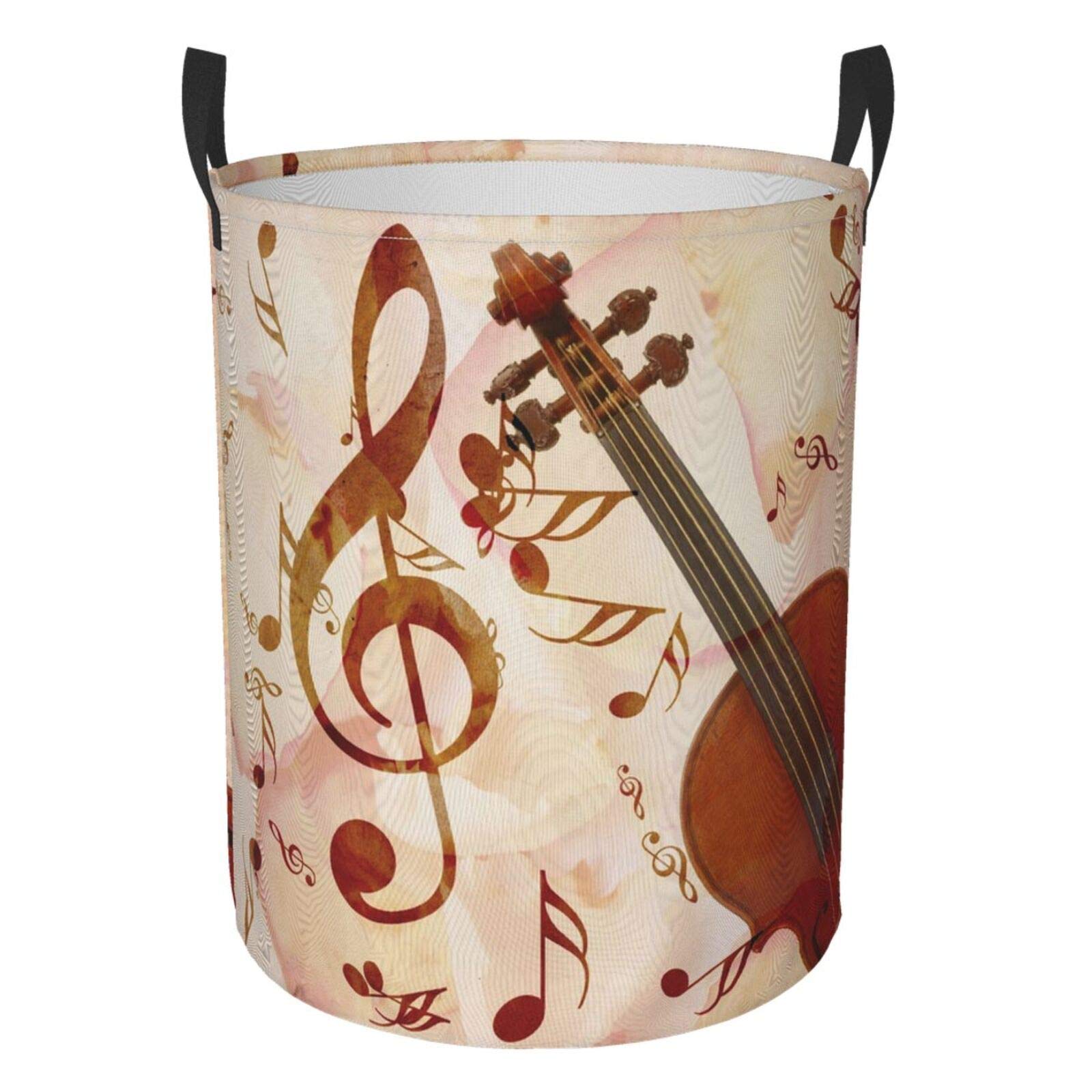 Vintage Music Notes Violin Collapsible Laundry Basket with Handle - Waterproof Fabric Hamper for Clothes, Toys & Bathroom Storage - Foldable Organizer Bin for Bedroom, Dorm & Laundry Room