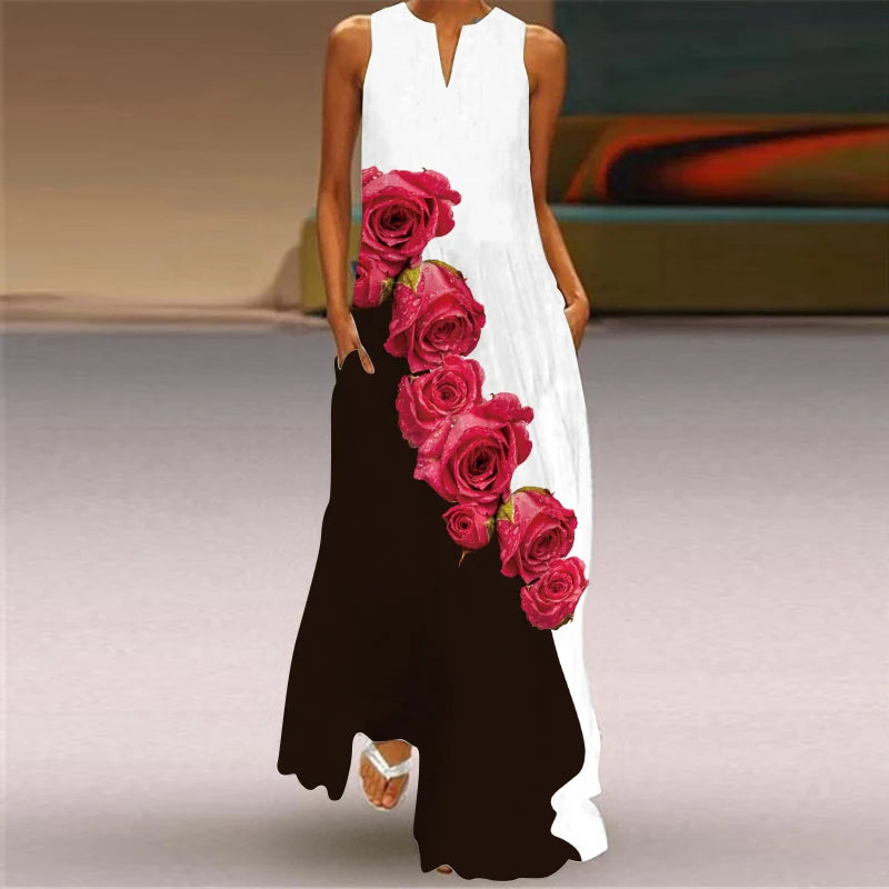 Stylish Women's Floral Print Hollow V-Neck Maxi Dress - Sleeveless Loose Fit Summer Beach Dress for Vacation, Seaside Outings & Boho Chic Occasions