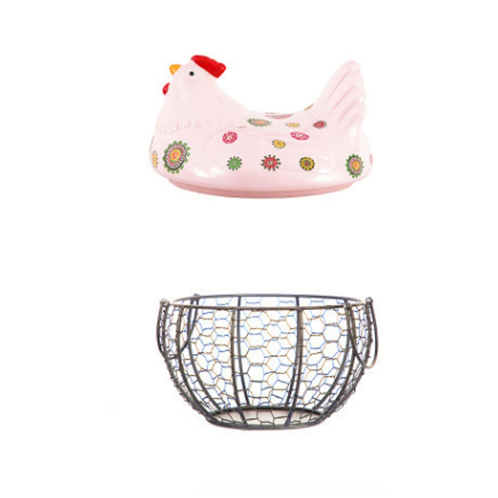 Ceramic Egg Holder for Refrigerator - Hen-Shaped Egg Storage Container with Iron Handle, Kitchen Organizer for Eggs, Fruits, Garlic & Potatoes | Perfect for Farmhouse Decor & Pantry Organization (Color: C)