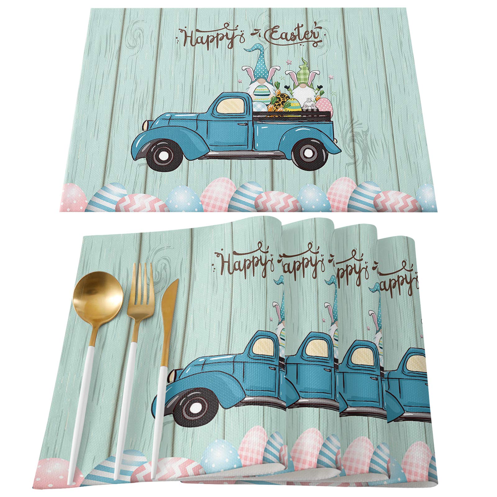 Easter Truck Placemats Set of 4 - Spring Gnome Rabbit Eggs Design, Cyan Wood Grain Insulated Non-Slip Kitchen Table Mats - Washable Dining Table Placemats for Easter Brunch, Spring Decor, and Family Gatherings