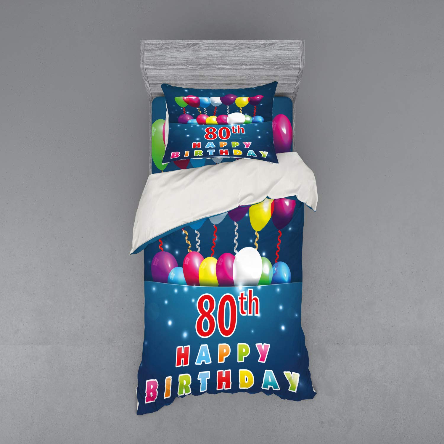 Ambesonne 80th Birthday Bedding Set - Colorful Balloons & Happy Birthday Text on Blue Background - 3-Piece Duvet Cover Set with Sham & Fitted Sheet - Twin XL Size - Perfect for Birthday Celebrations & Guest Room Decor