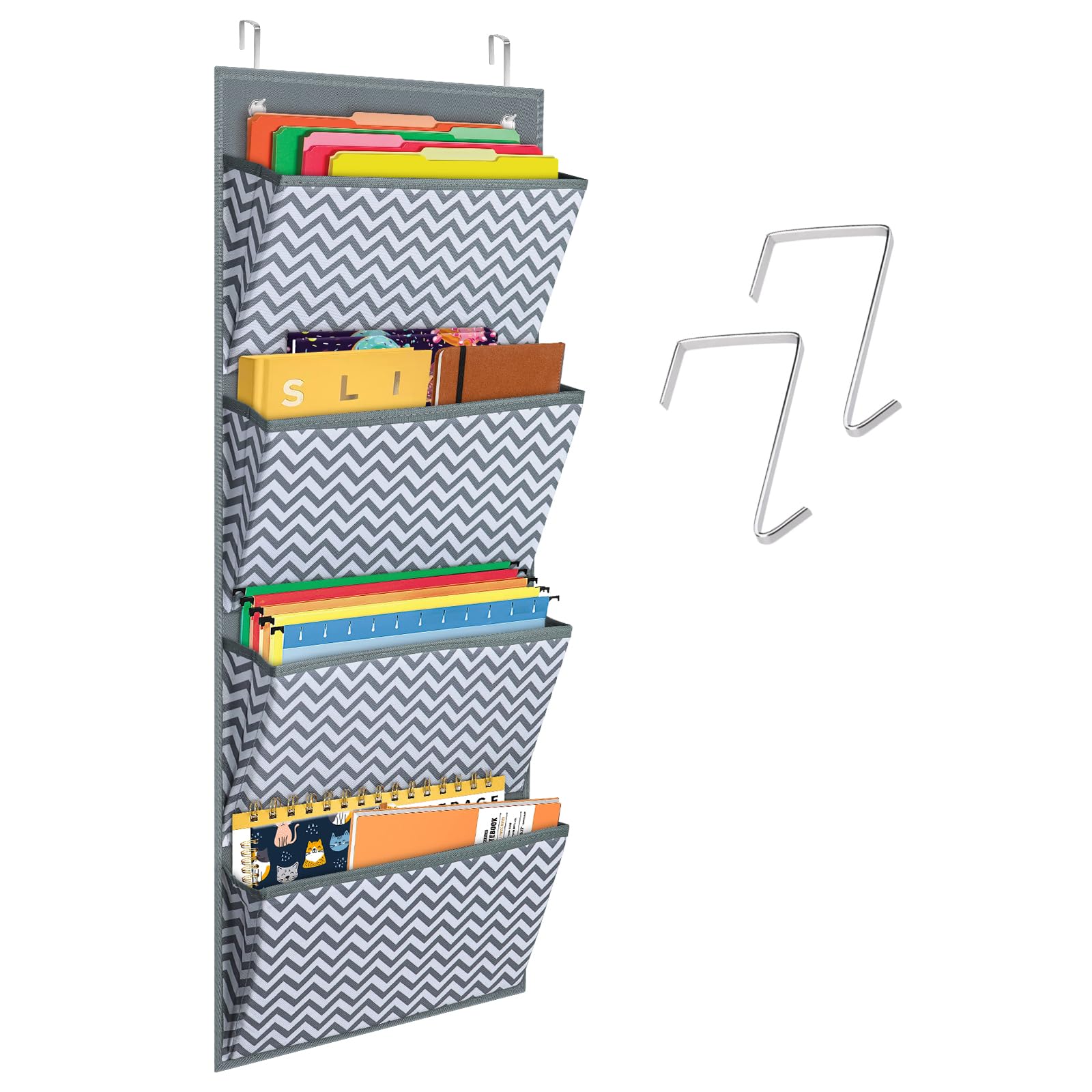 Godery Hanging Wall Organizer - 4 Pocket Fabric File Holder for Office Supplies, Notebooks, Planners & Mail - Wall Mount or Over The Door Storage Solution - Wave Pattern Design - Perfect for Home Office, Dorm Room & Workspace Organization
