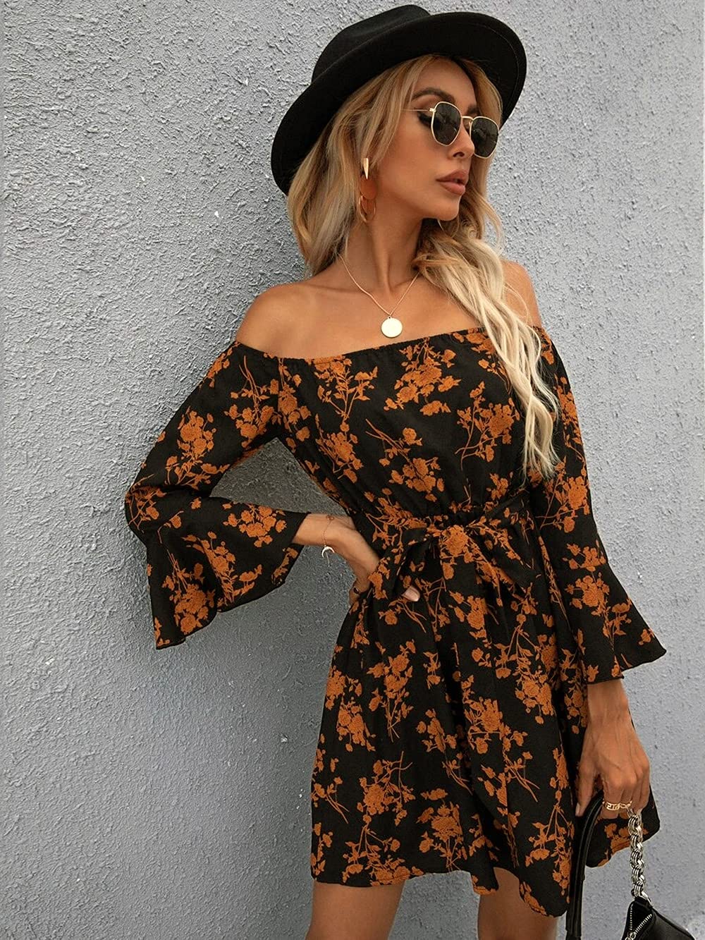 Women's Off Shoulder Ruffle Floral Summer Dress - A-Line Short Skater Dress with Belt for Wedding Guest, Party, Cocktail & Beach Vacation